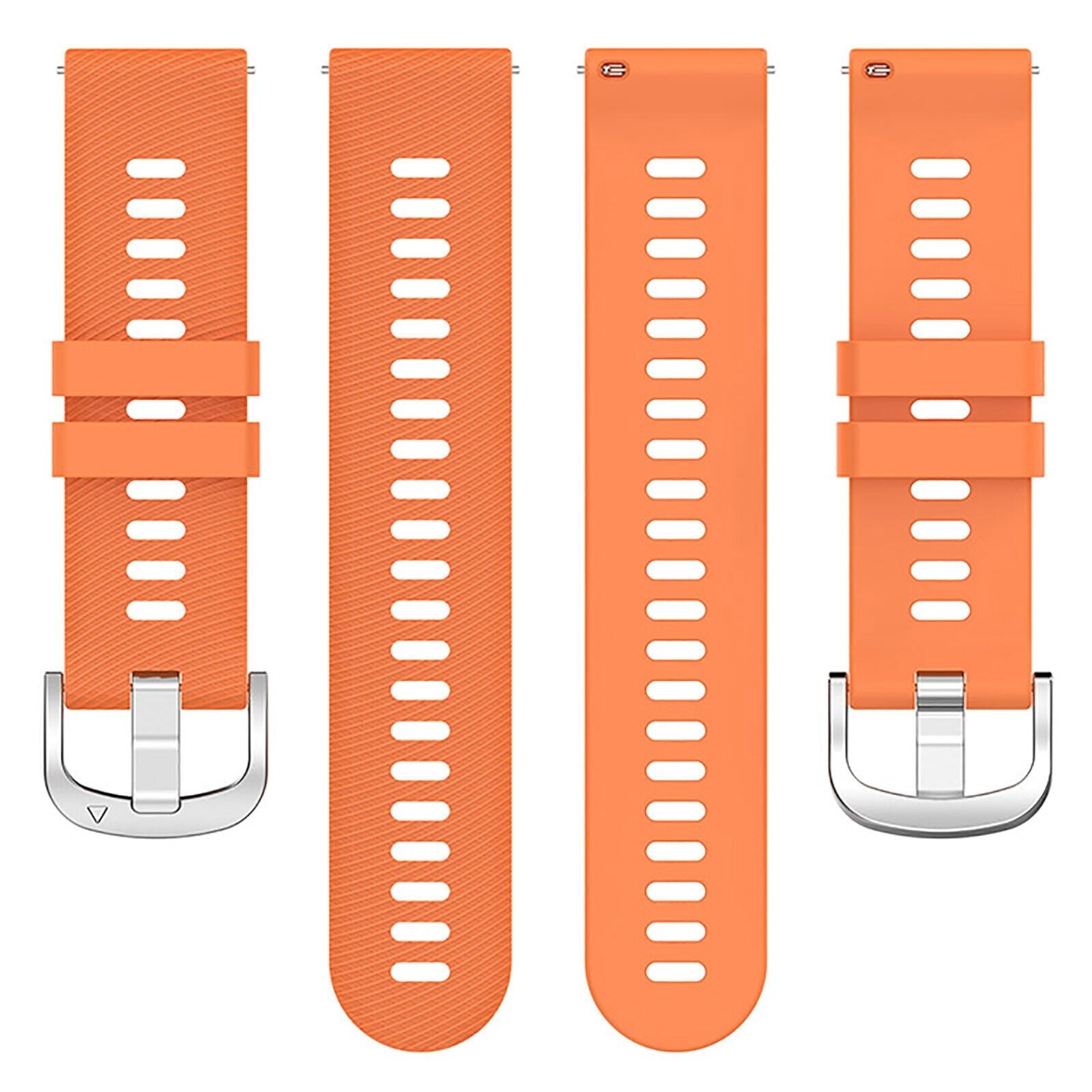 Vier orangefarbene Uhrenarmbänder mit Löchern und Metallschnallen. Die Bänder sind vertikal angeordnet.