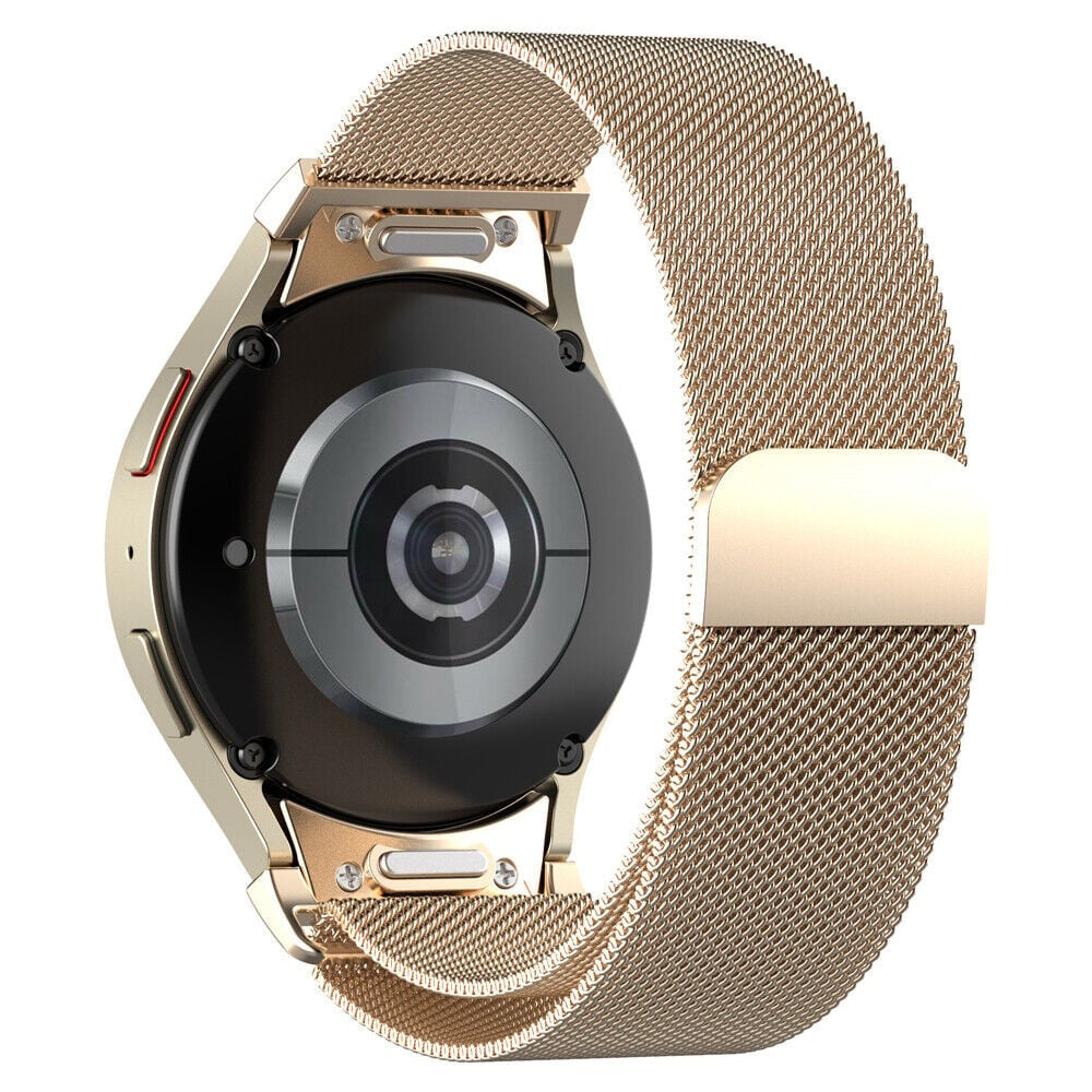 Eine goldene Smartwatch mit einem Mesh-Armband. Das Zifferblatt ist schwarz, und das Armband ist mit dem Gehäuse verbunden.