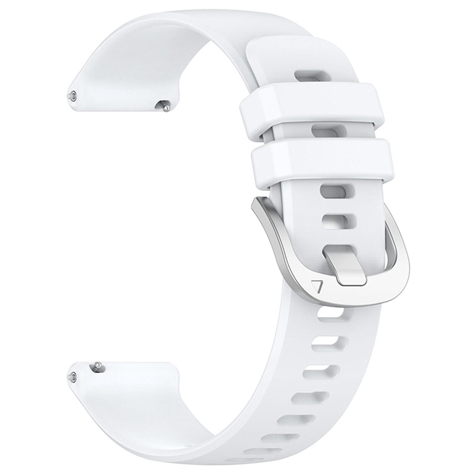 Ein weißes Uhrenarmband mit silberner Schnalle. Das Band hat mehrere Löcher zur Anpassung.