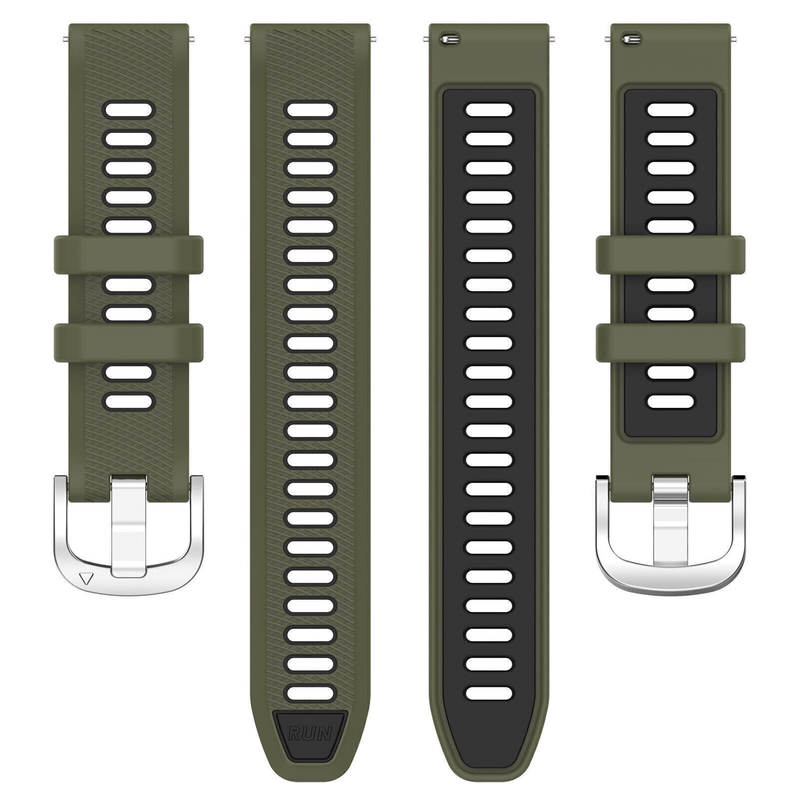 Vier olivgrüne Uhrenarmbänder mit schwarzen und silbernen Akzenten werden vor weißem Hintergrund gezeigt. Die Designs der Armbänder variieren.