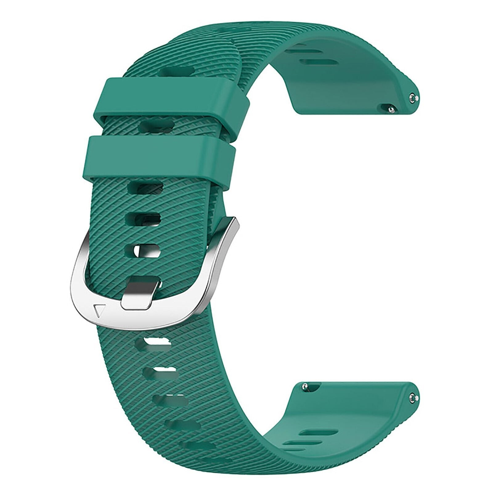 Grünes Uhrenarmband mit Metallschnalle. Das Armband ist gebogen und strukturiert.