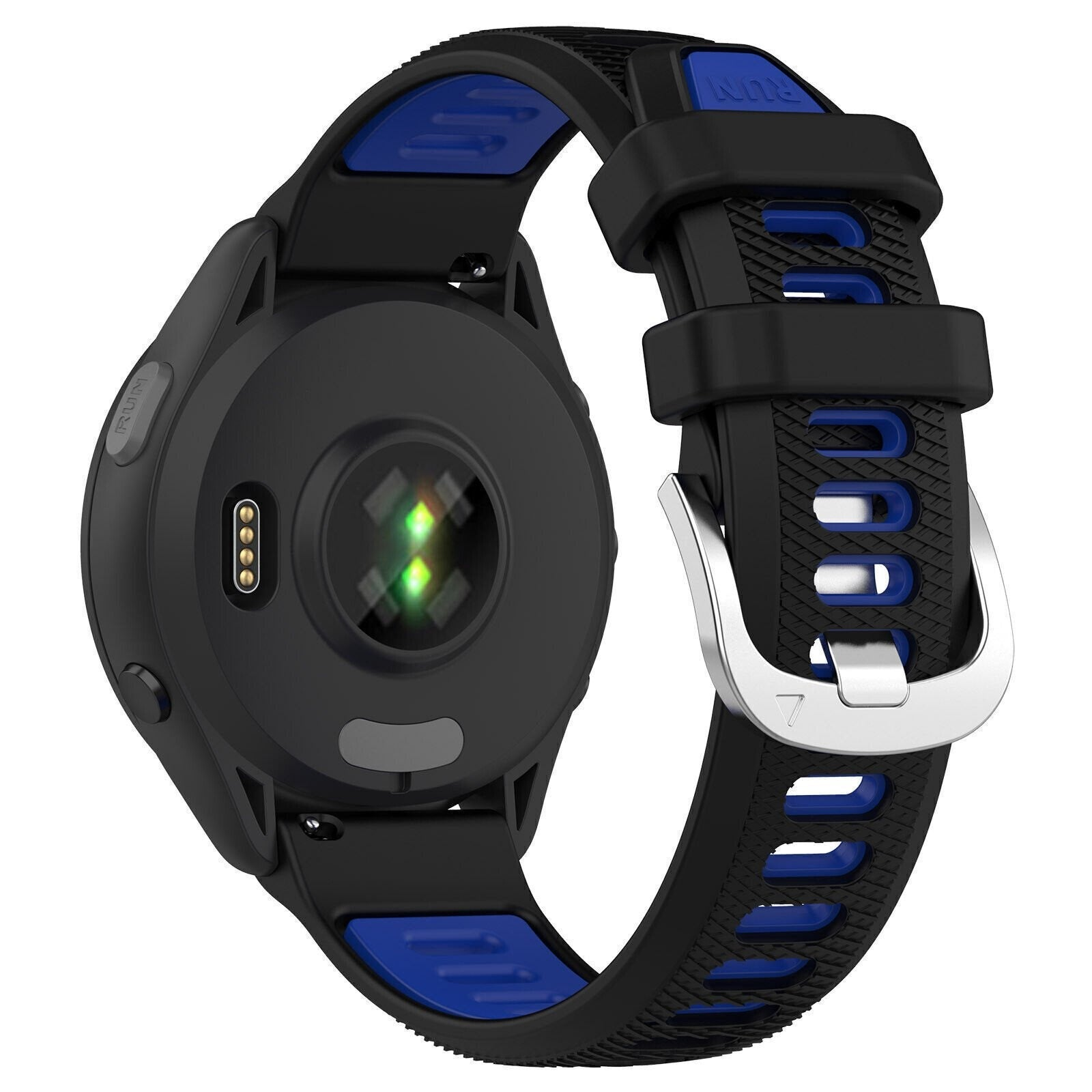 Schwarze Smartwatch mit blauen Akzenten. Verfügt über einen Herzfrequenzsensor und ein schwarzes Armband mit silberner Schnalle. Das Wort 'RUN' ist sichtbar.