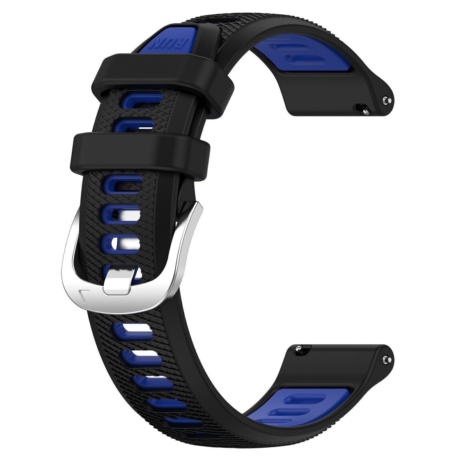 Schwarzes und blaues Uhrenarmband mit silberner Schnalle. Das Wort RUN ist sichtbar. Das Armband ist gebogen und zeigt sein Design.