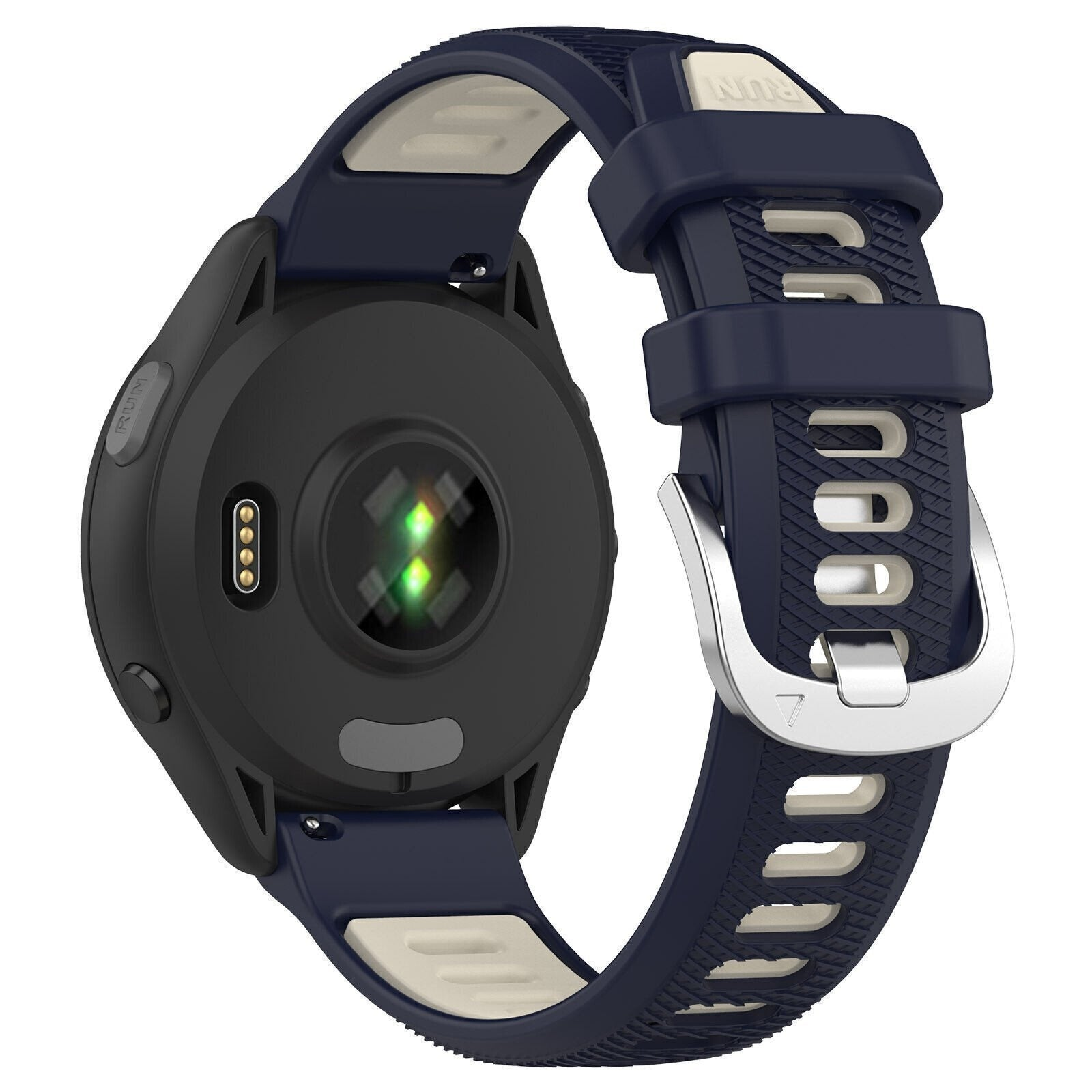 Eine schwarze Smartwatch mit blauem Armband, beigem Innenarmband und silberner Schließe. Die Rückseite hat einen grünen Lichtsensor.