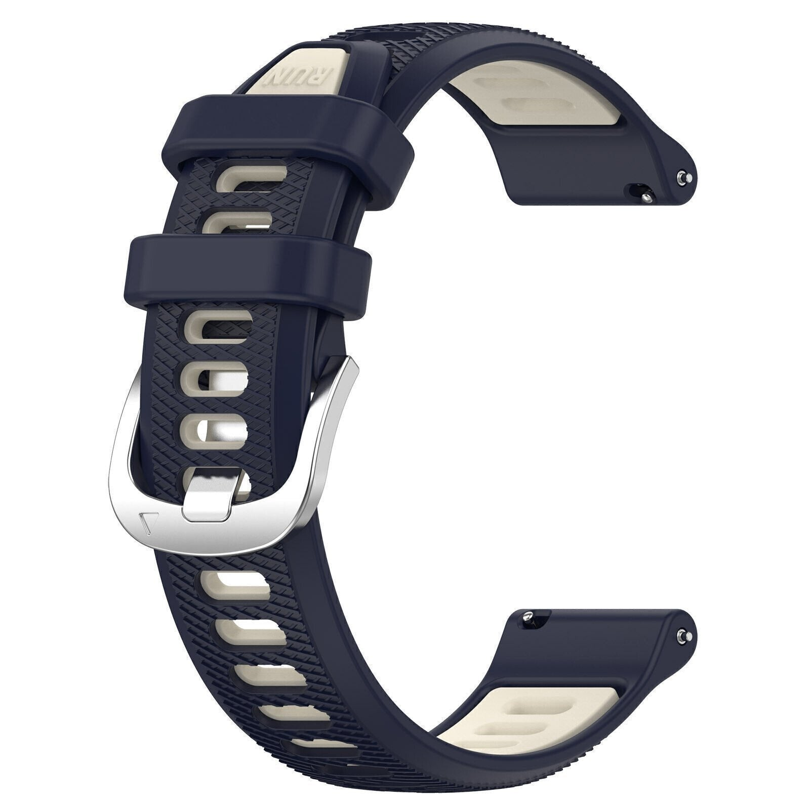 Dunkelblaues Uhrenarmband mit beigefarbenem Innenfutter und silberner Schnalle. Das Wort 'Run' ist sichtbar.
