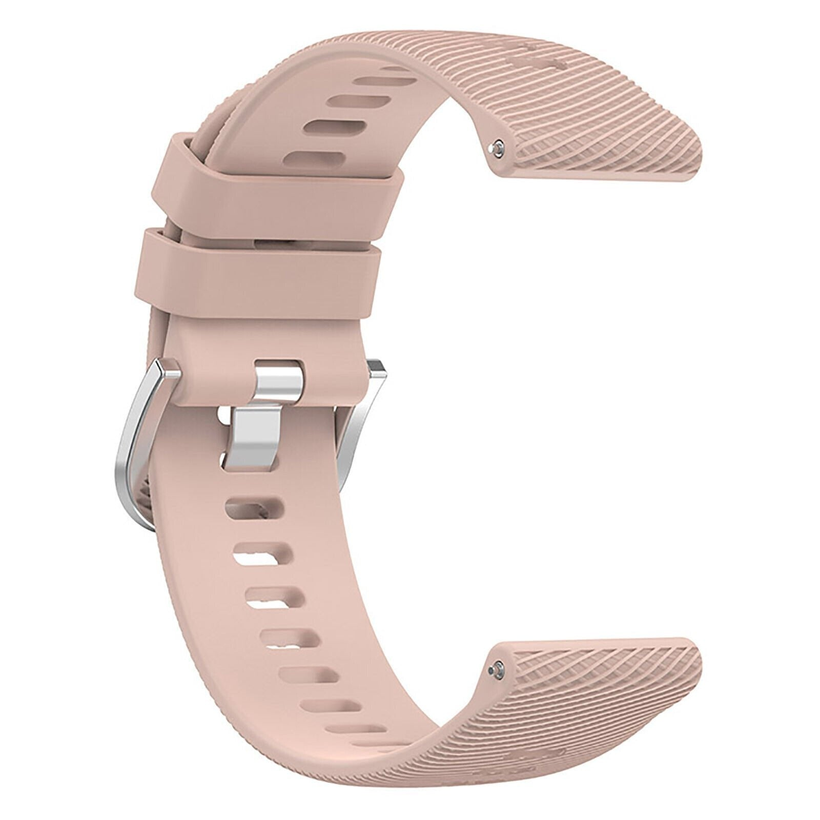 Ein gebogenes, hellrosa Uhrenarmband mit silberner Schließe. Das Armband hat strukturierte Oberflächen und Löcher zur Anpassung.