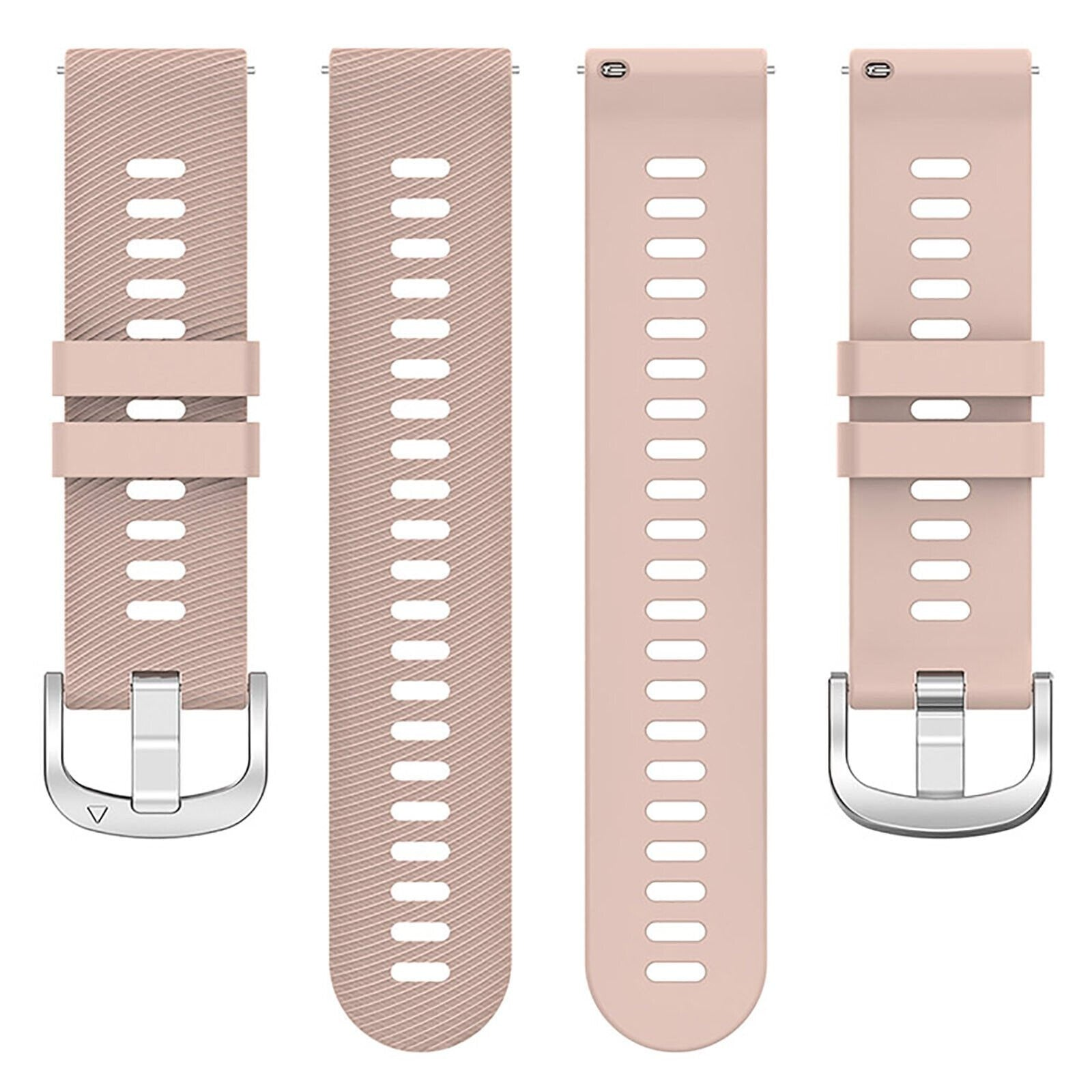 Vier Uhrenarmbänder werden gezeigt, jedes in einem rosa-beige Farbton. Die Bänder haben Löcher und Metallschnallen.