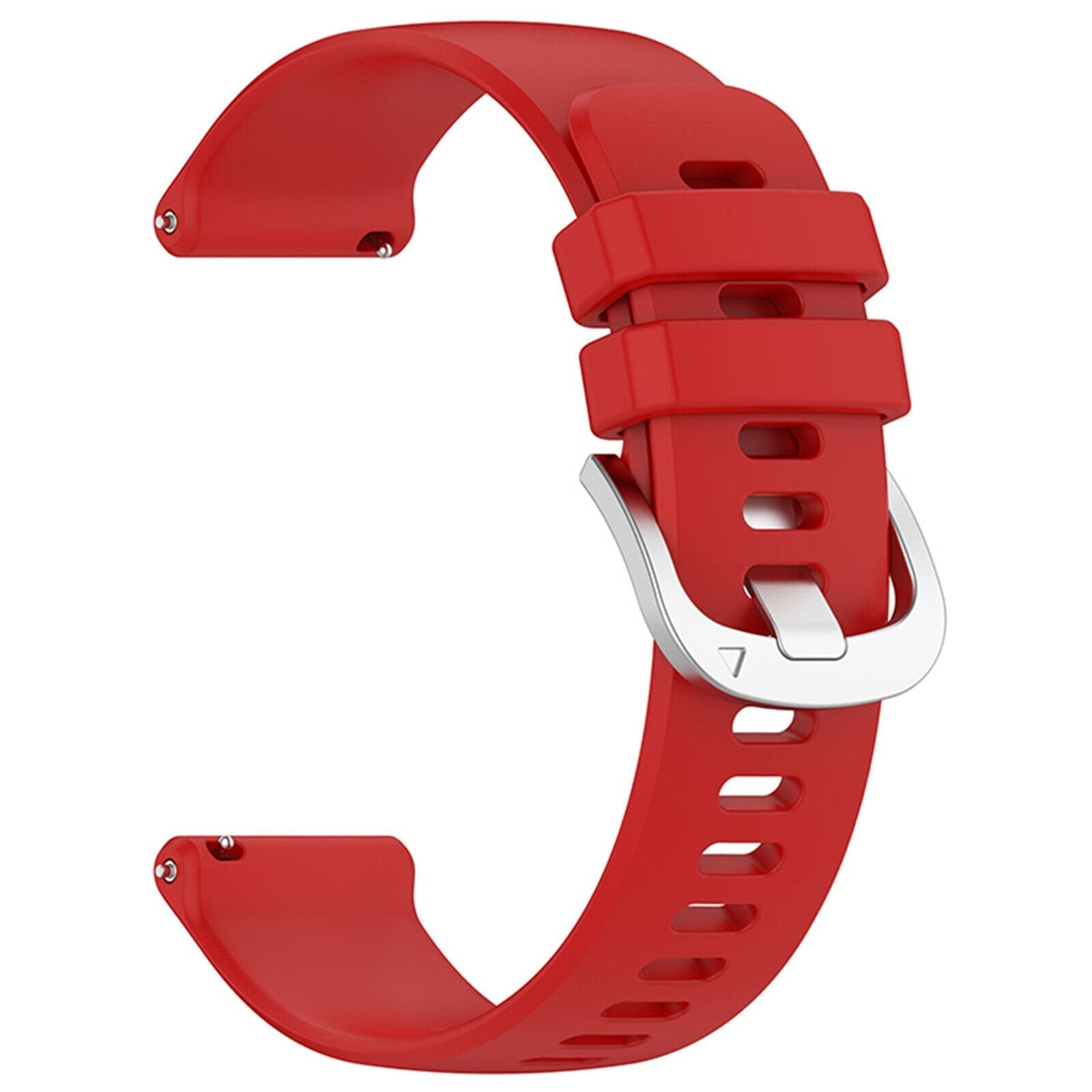Ein rotes Uhrenarmband mit silberner Schnalle. Das Armband hat mehrere Löcher zur Einstellung. Der Hintergrund ist weiß.