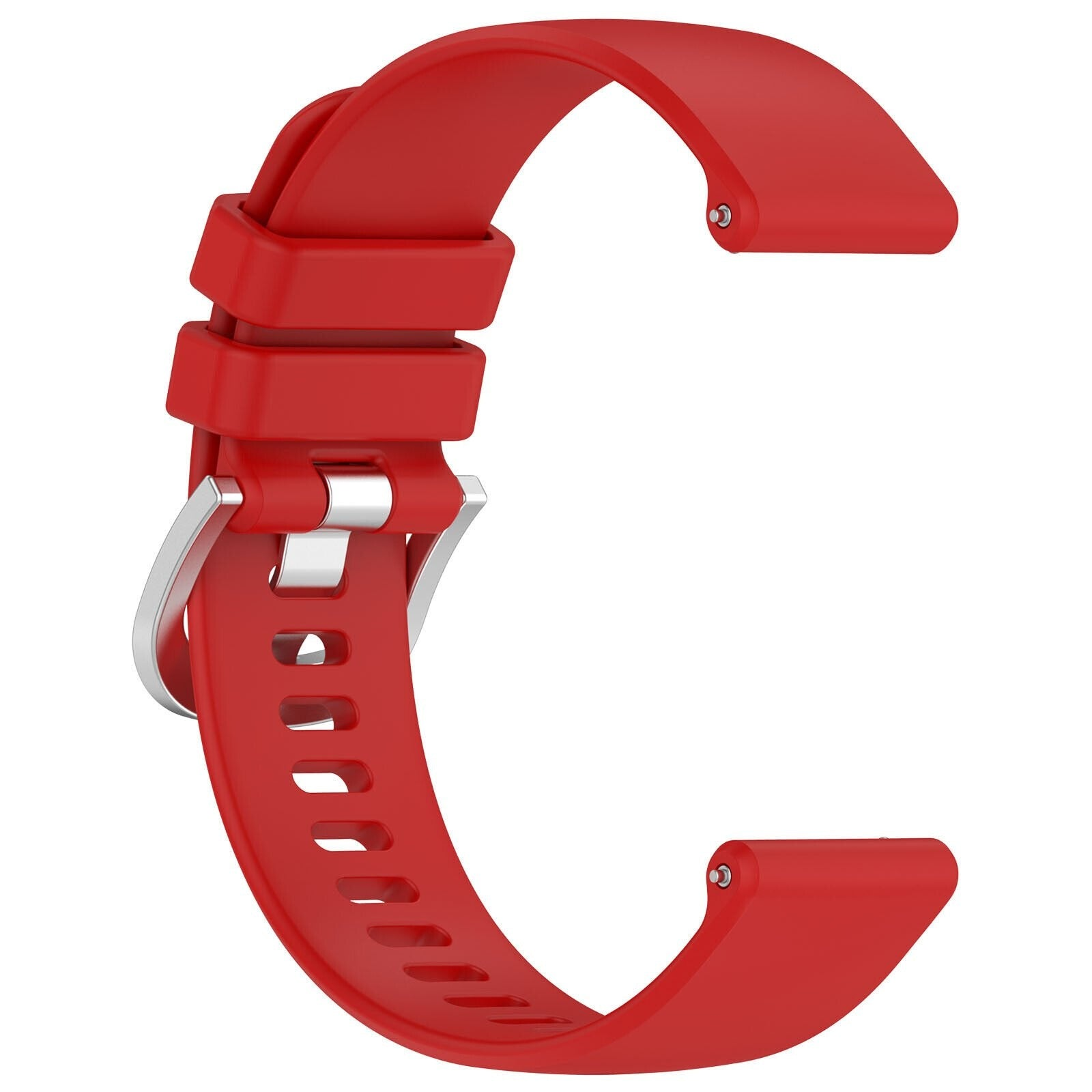 Ein rotes Uhrenarmband in C-Form mit einer silbernen Schnalle. Der Riemen ist vor einem weißen Hintergrund.