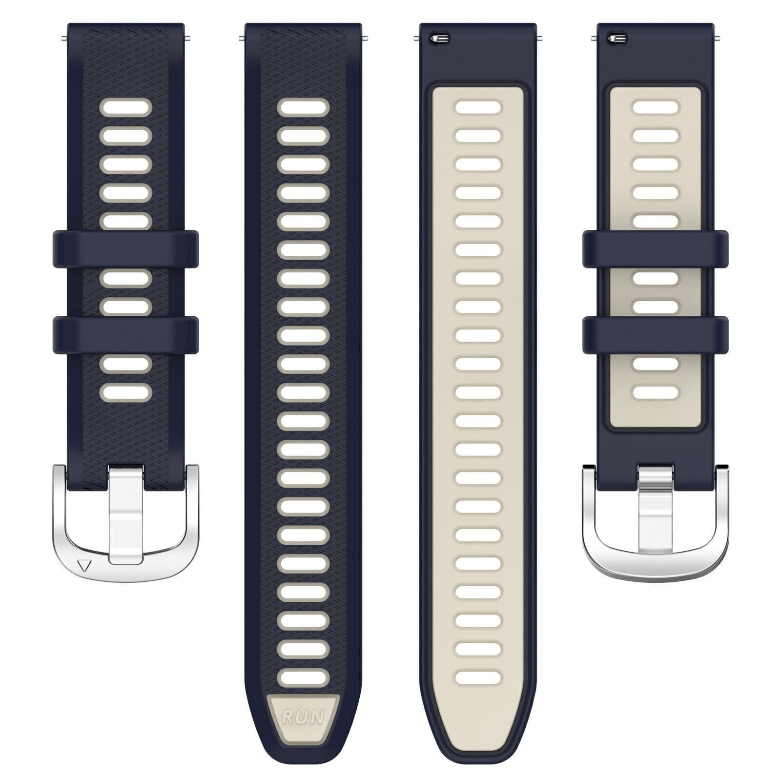 Vier Uhrenarmbänder: zwei marineblau mit Löchern, zwei beige innen marineblau. Schnallen sind silberfarben. Ein marineblaues Armband hat 'RUN'.