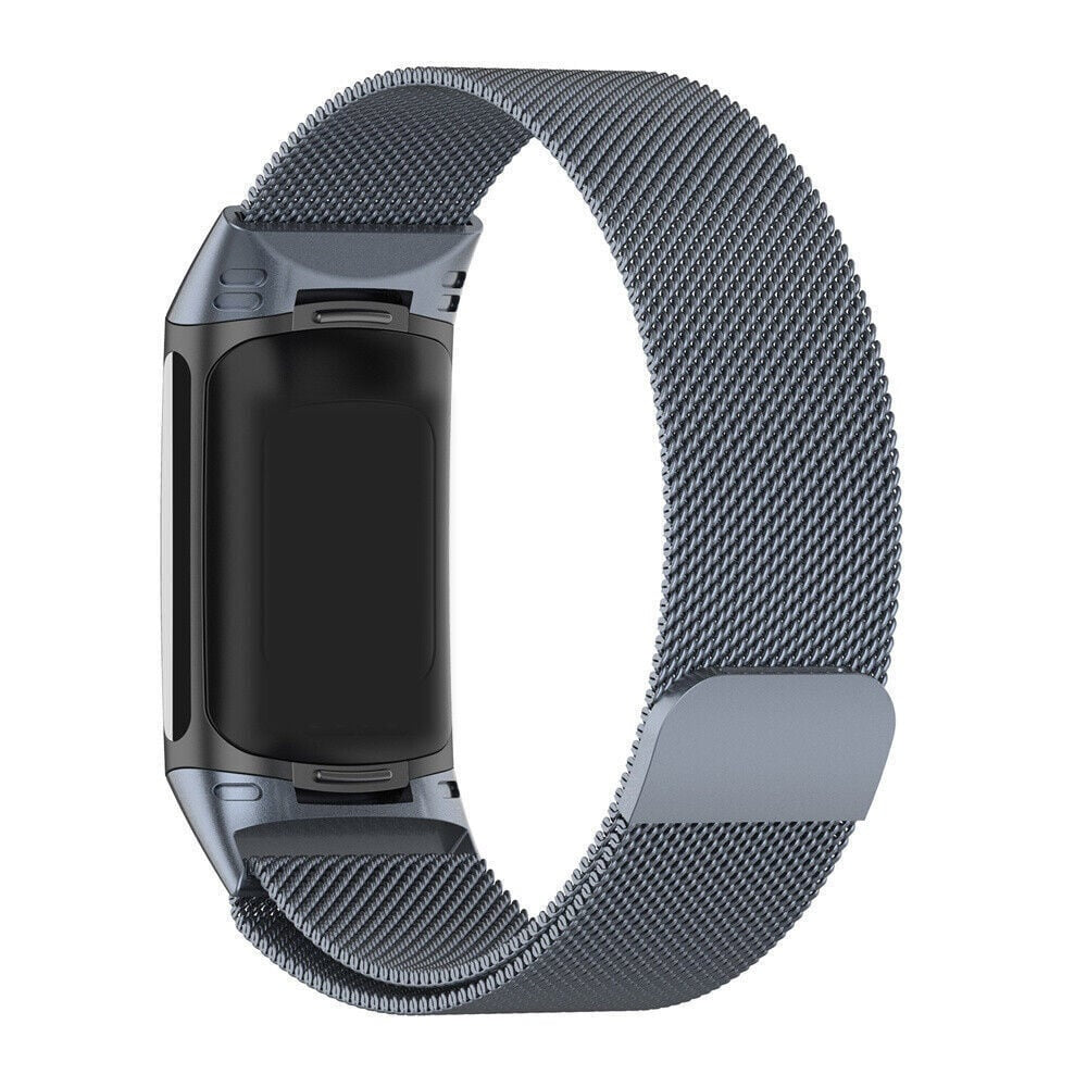 Graues Smartwatch-Armband auf weißem Hintergrund. Das Band besteht aus gewebtem Metall und hat ein schwarzes Display.