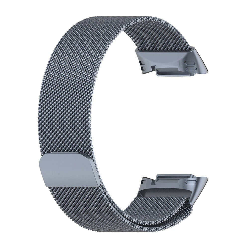Ein silbergraues Uhrenarmband in C-Form wird gezeigt. Es hat ein Mesh-Design und zwei Verschlussenden. Der Hintergrund ist schlicht weiß.