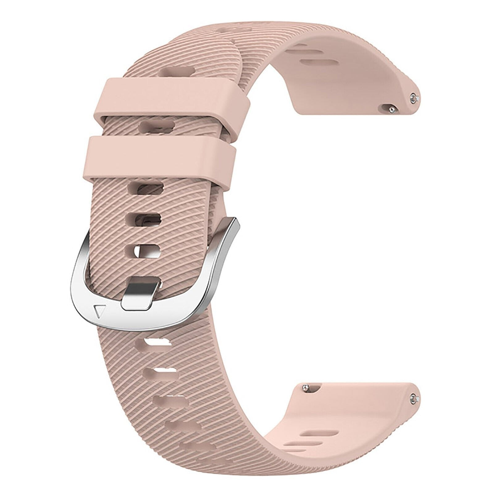 Ein rosa Uhrenarmband, gebogen mit einer silbernen Schnalle. Das Armband hat eine strukturierte Oberfläche und sichtbare Löcher zur Anpassung.