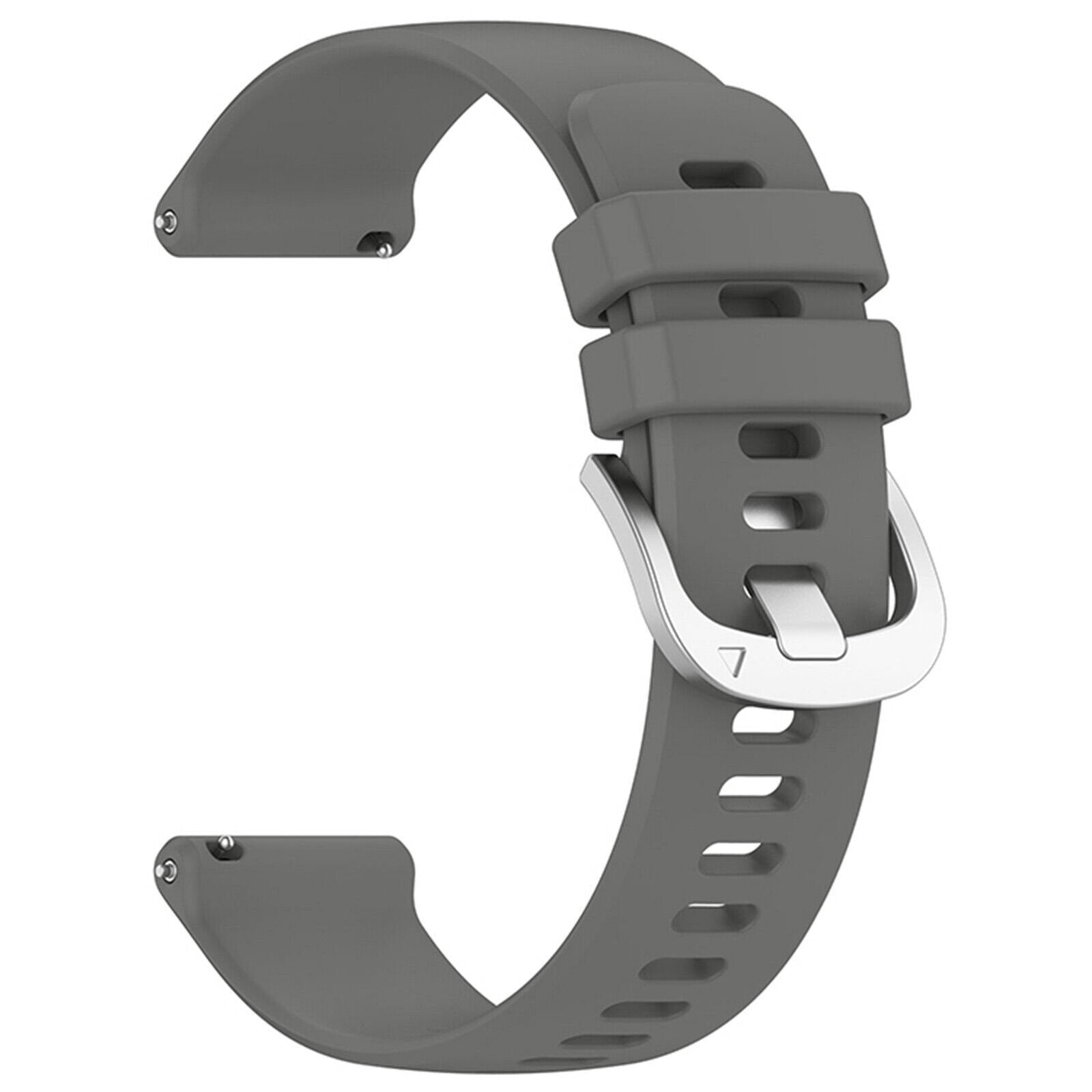 Ein graues Uhrenarmband mit einer silbernen Schnalle. Das Armband ist gebogen und hat Löcher zur Anpassung.