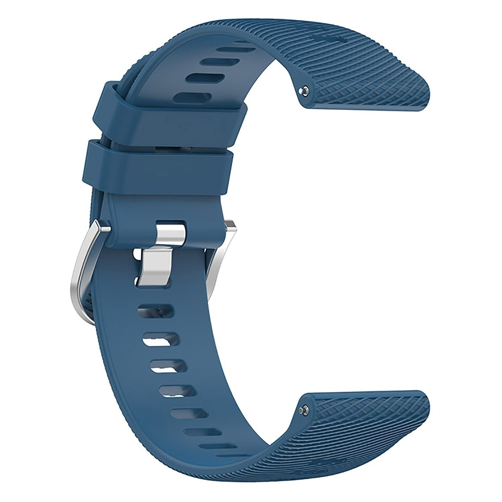 Ein blaues Armband, gebogen, mit silberner Schließe. Das Armband hat eine strukturierte Oberfläche und Löcher zur Anpassung, vor weißem Hintergrund.