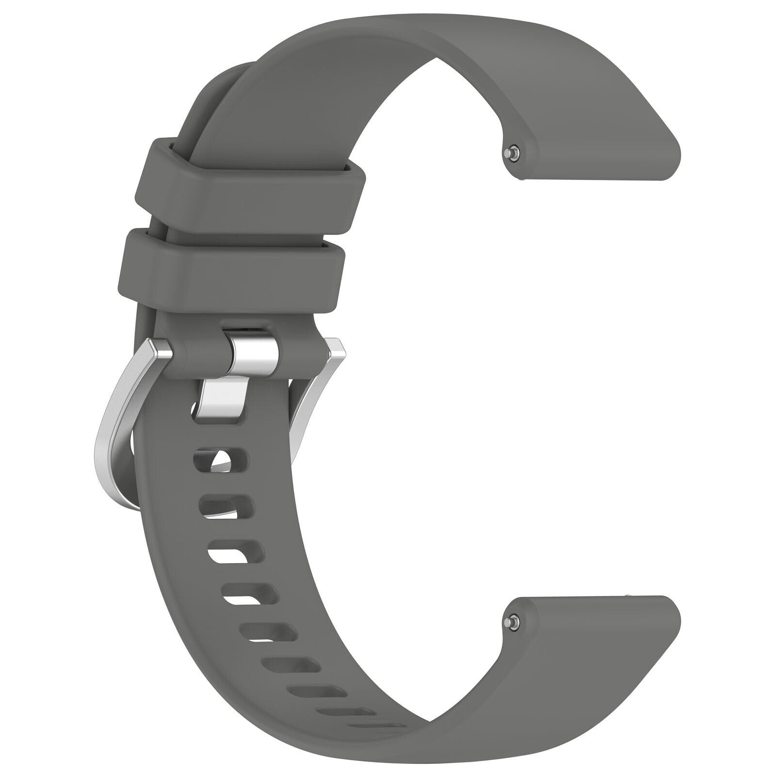 Ein graues Uhrenarmband mit silberner Schnalle wird vor weißem Hintergrund gezeigt. Das Armband ist C-förmig gebogen.
