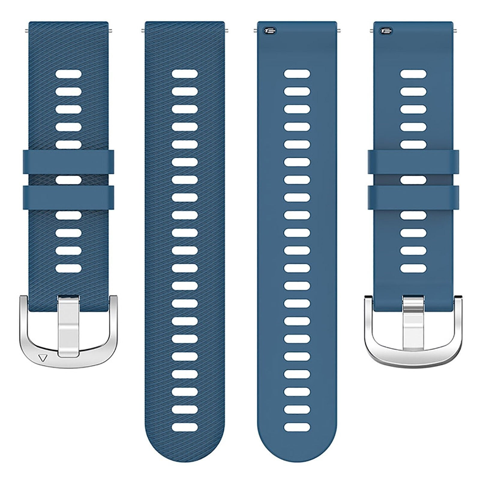 Vier blaue Uhrenarmbänder mit weißen ovalen Löchern und silbernen Schnallen. Zwei Armbänder zeigen Schnallen, zwei sind schlicht.
