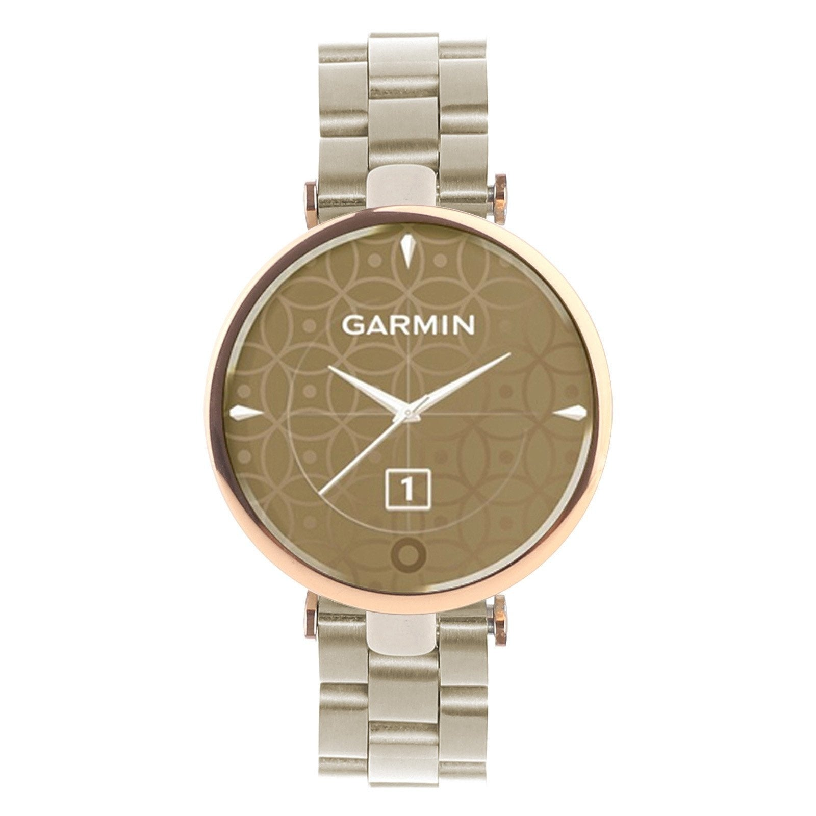 Eine Garmin-Smartwatch mit goldenem Zifferblatt und silbernem Armband. Das Zifferblatt zeigt das Garmin-Logo und das Datum.