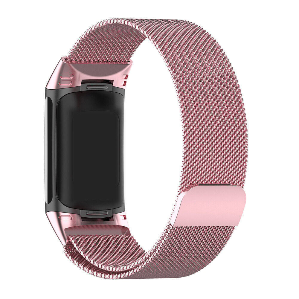 Ein roségoldenes Smartwatch-Armband mit schwarzem Bildschirm, aus Metallgeflecht. Das Armband ist in einer offenen Schleife.