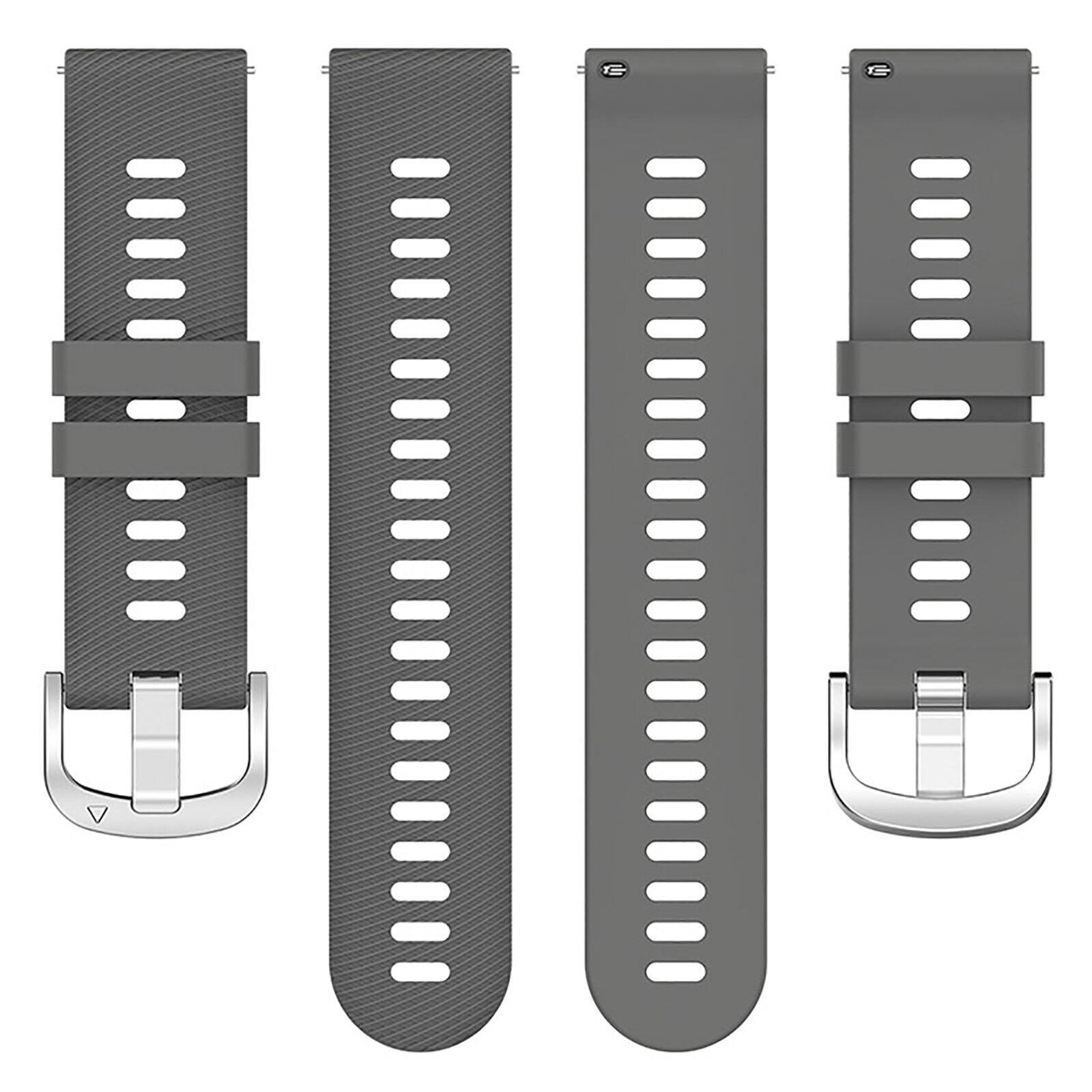 Vier graue Uhrenarmbänder werden gezeigt. Jedes hat eine Reihe von Löchern und eine silberne Schnalle. Die Bänder sind strukturiert.