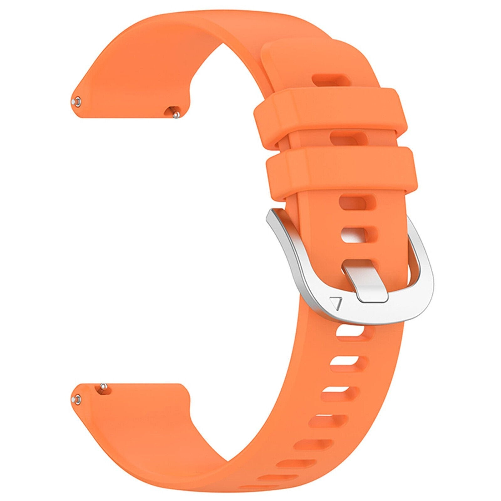 Oranges Uhrenarmband mit silberner Schnalle. Das Armband ist gebogen und hat mehrere Löcher zur Anpassung.