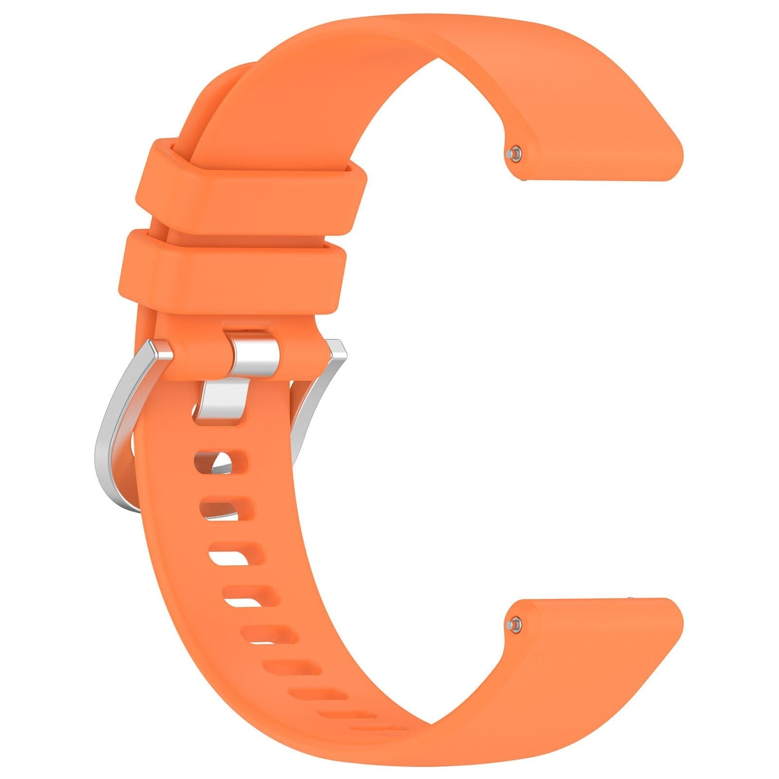 Oranges Uhrenarmband, C-förmig, mit silberner Schnalle. Löcher zur Anpassung. Weißer Hintergrund.