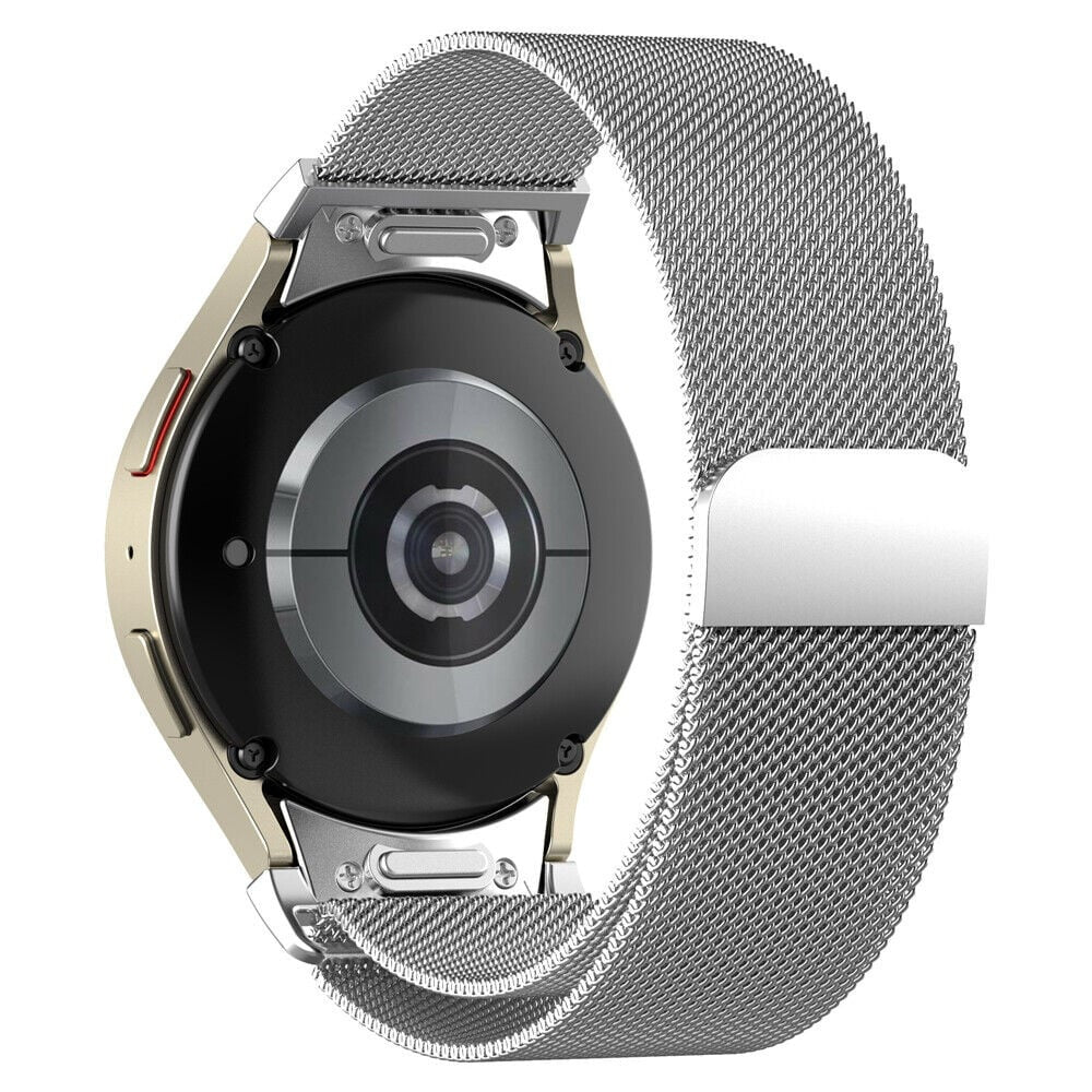 Eine silberne Smartwatch mit Metallarmband. Das Zifferblatt ist schwarz mit goldfarbenem Rahmen. Das Armband hat ein Mesh-Design.