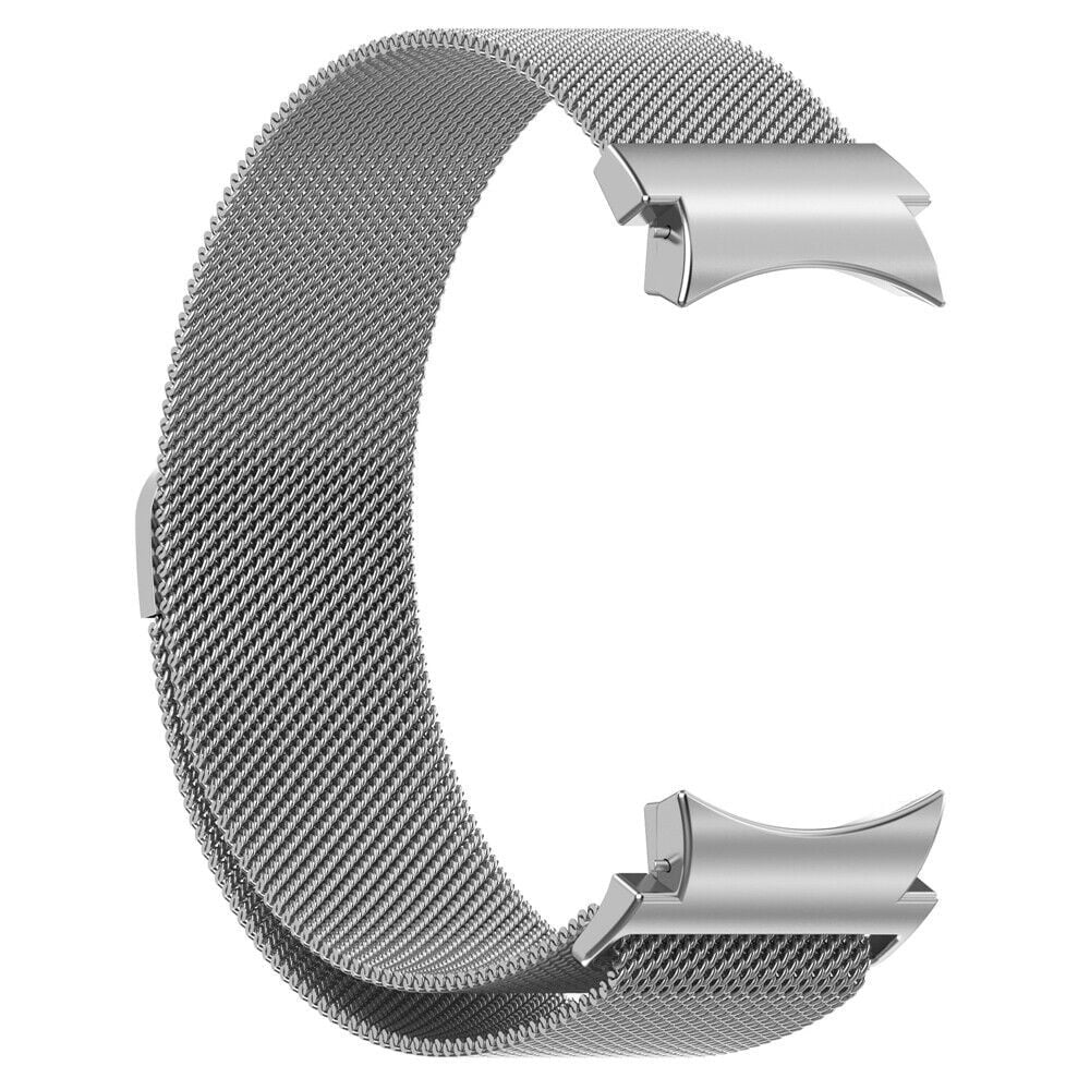 Ein silbernes Metall-Mesh-Uhrenarmband mit zwei Verschlussverbindungen. Das Band ist gebogen, mit Nahaufnahme des Netzes und der Verschlüsse.
