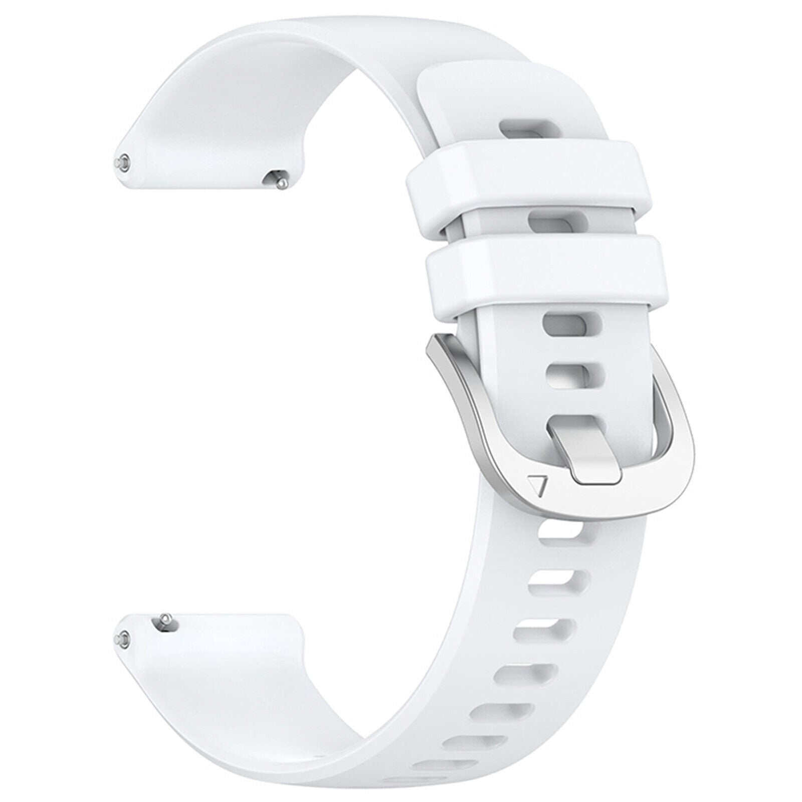 Ein weißes Uhrenarmband mit silberner Schnalle, das das gebogene Design und die Stiftdetails des Bands zeigt.