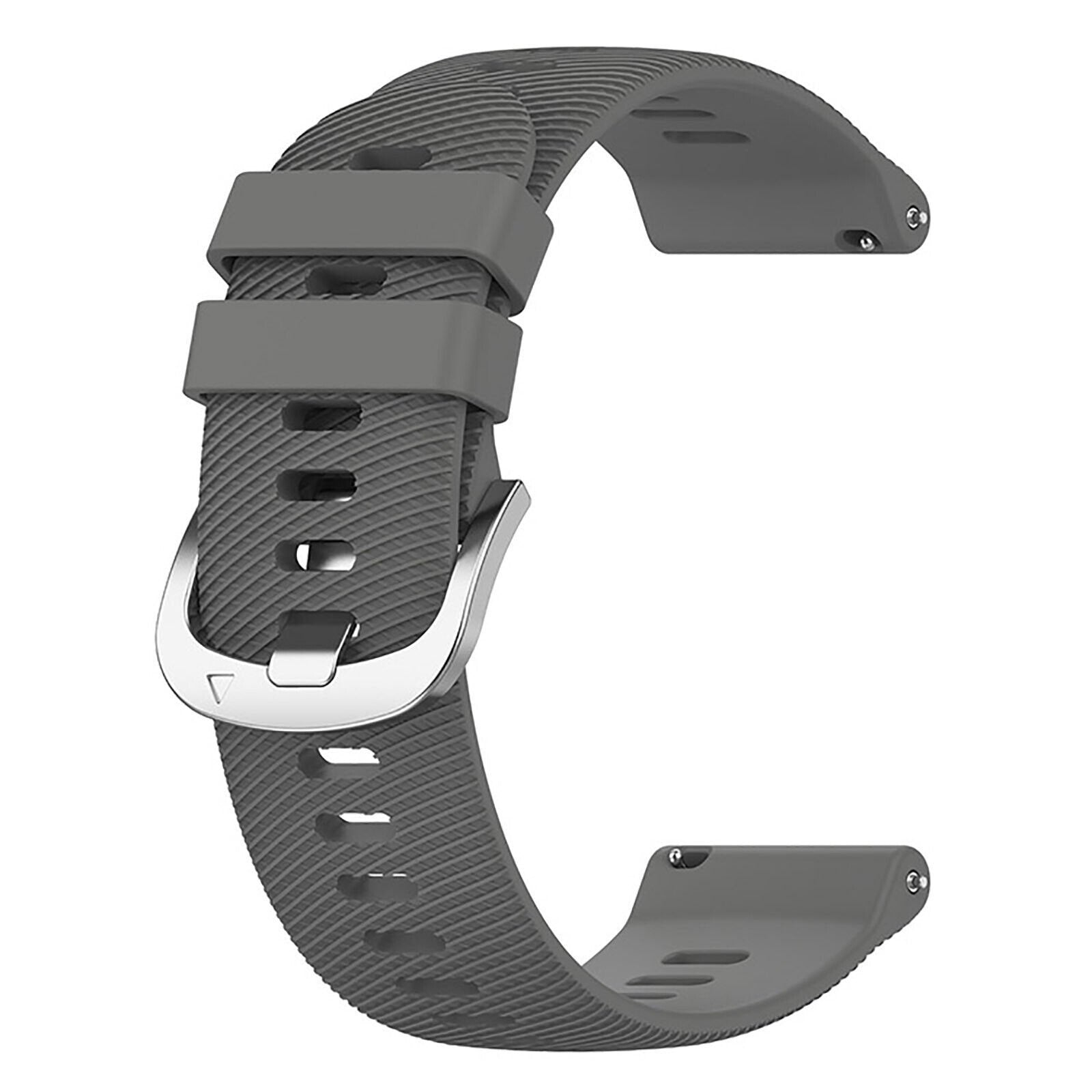Ein graues Uhrenarmband mit strukturierter Oberfläche und silberner Schnalle. Das Band ist gebogen, mit kleinen Löchern. Der Hintergrund ist weiß.