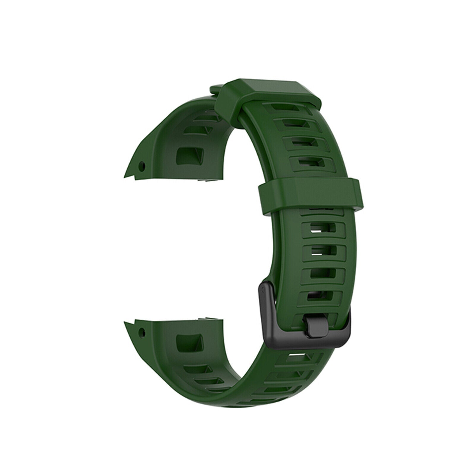 Ein grünes Uhrenarmband mit schwarzem Verschluss. Das Armband ist gebogen und hat Löcher zur Anpassung. Es ist vor weißem Hintergrund.