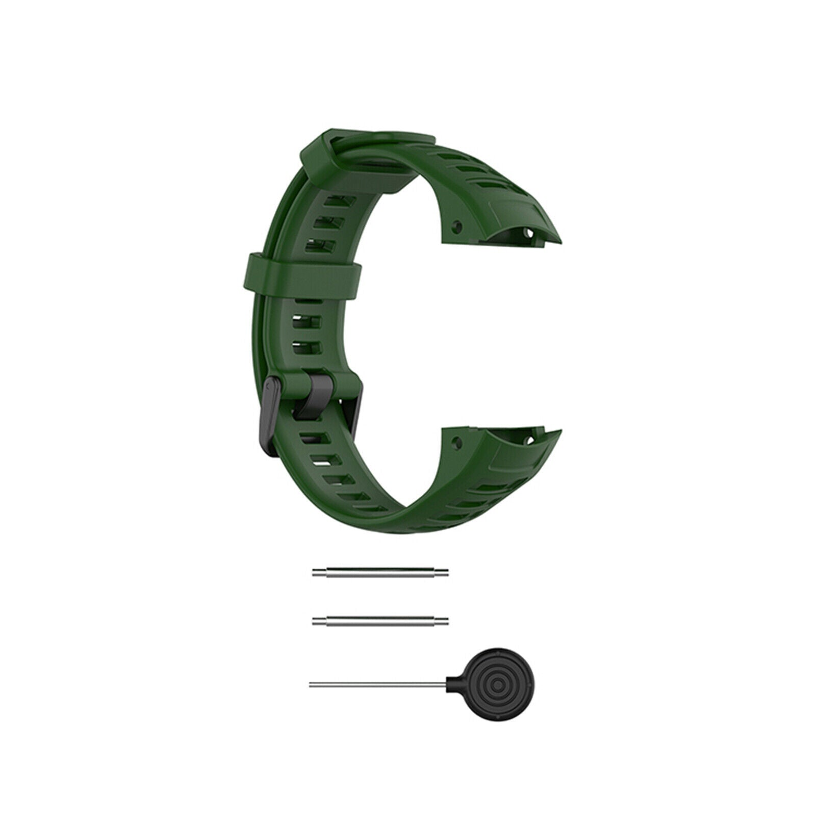 Grünes Uhrenarmband mit zwei Metallstiften und einem schwarzen Werkzeug. Das Armband ist C-förmig mit einer Schnalle.