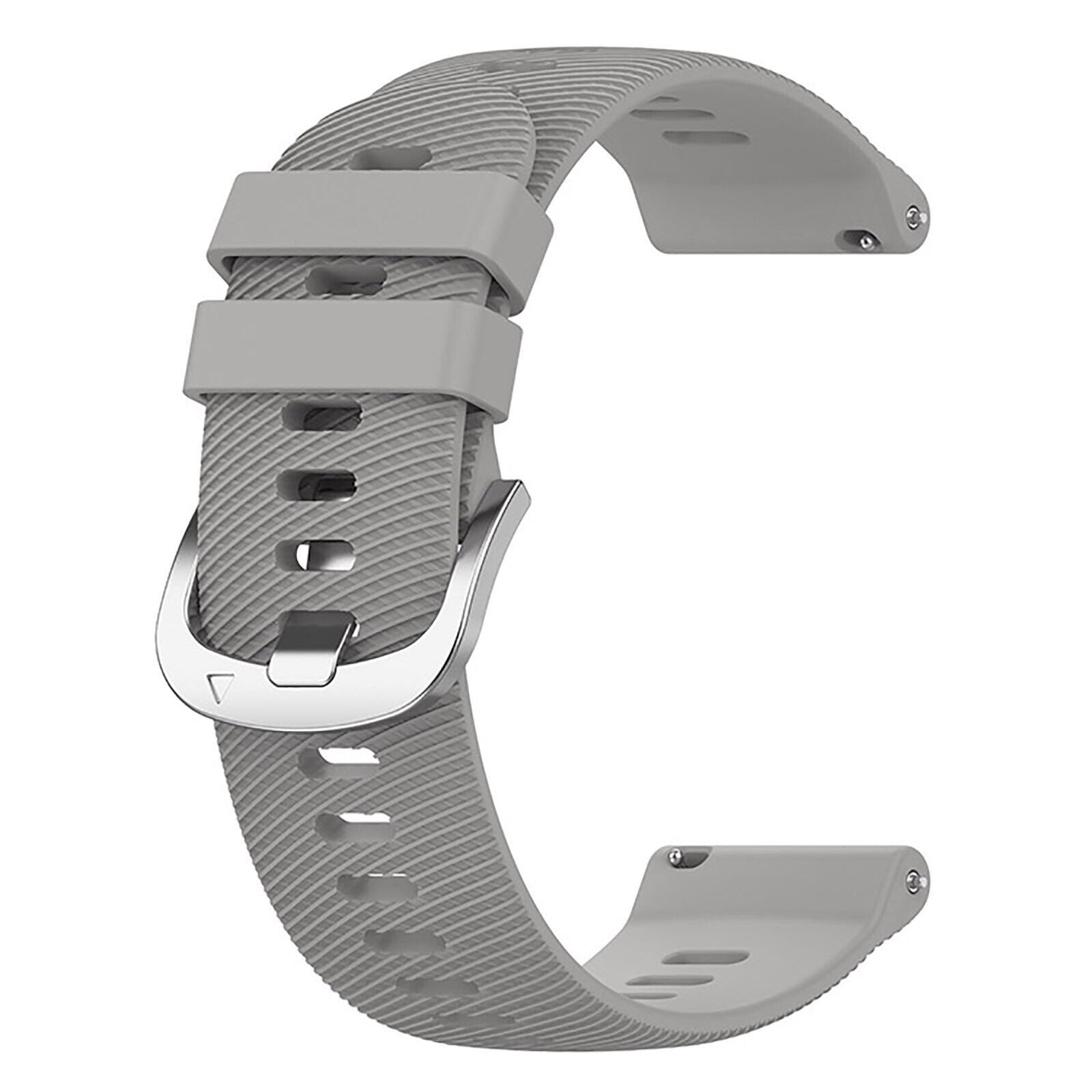 Ein graues Uhrenarmband mit silberner Schnalle. Das Armband ist mit Rillen strukturiert und hat mehrere Löcher zur Anpassung.