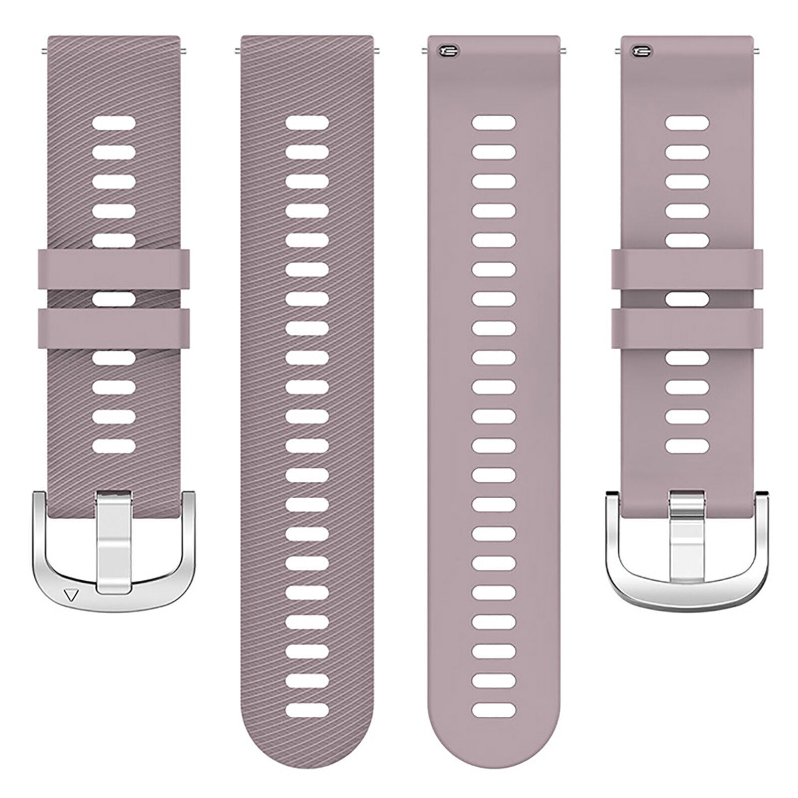 Vier Uhrenarmbänder. Zwei sind einfarbig malvenfarben, zwei haben Löcher. Alle haben silberne Schnallen. Die Armbänder liegen flach auf weißem Grund.