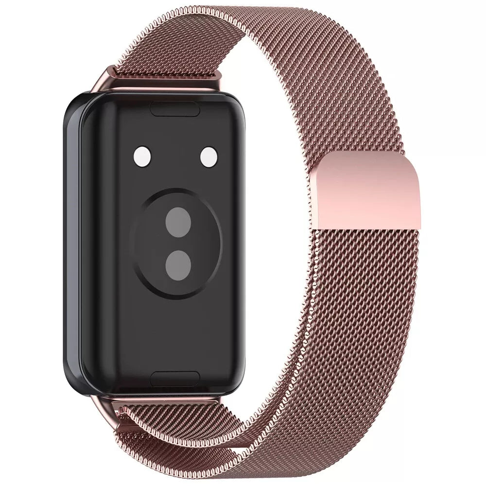 Eine roségoldene Smartwatch mit schwarzem Zifferblatt und Mesh-Armband. Das Zifferblatt hat zwei weiße und zwei graue Kreise.