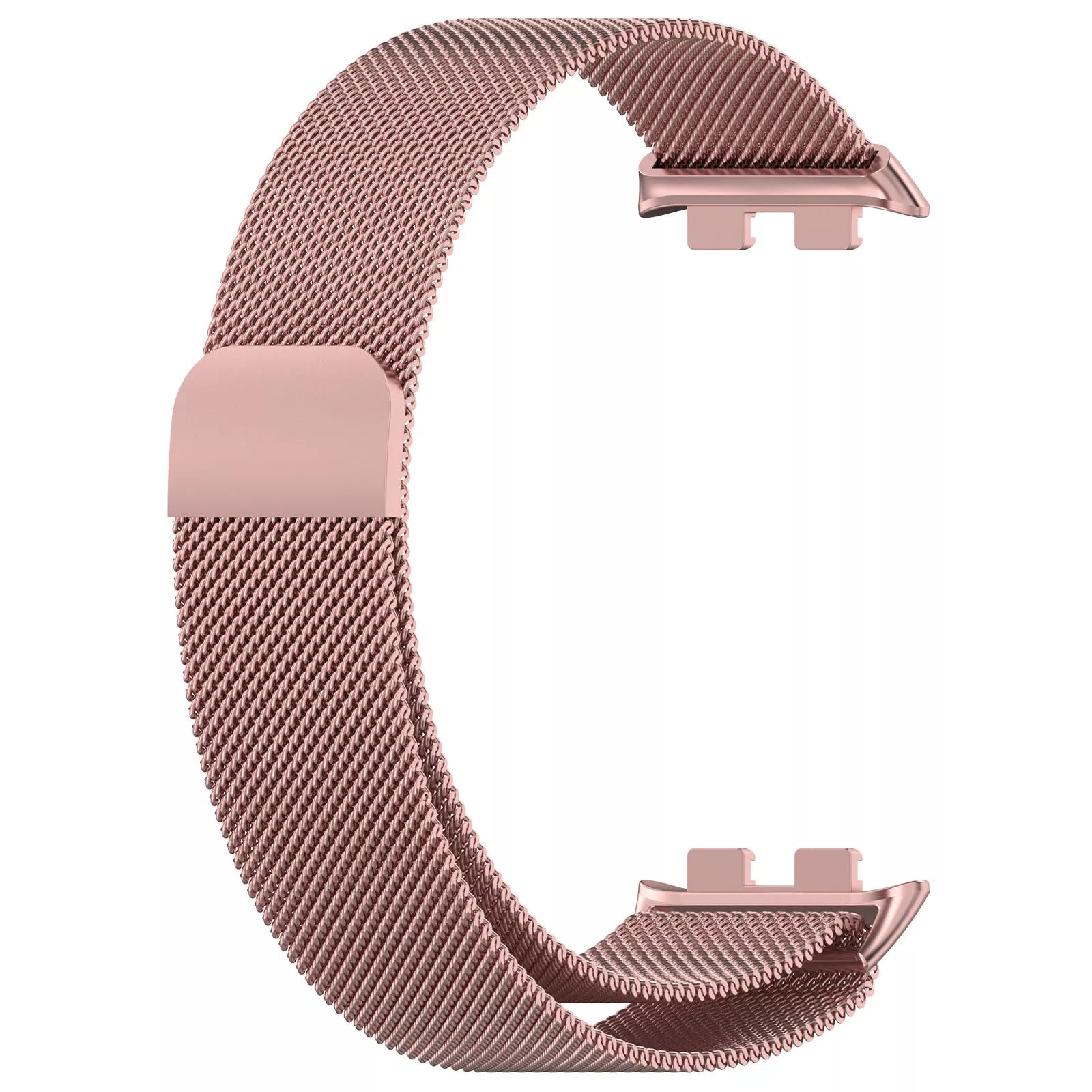 Ein roségoldenes Uhrenarmband aus gewebtem Mesh. Es ist C-förmig mit Verschlüssen an beiden Enden. Der Hintergrund ist weiß.