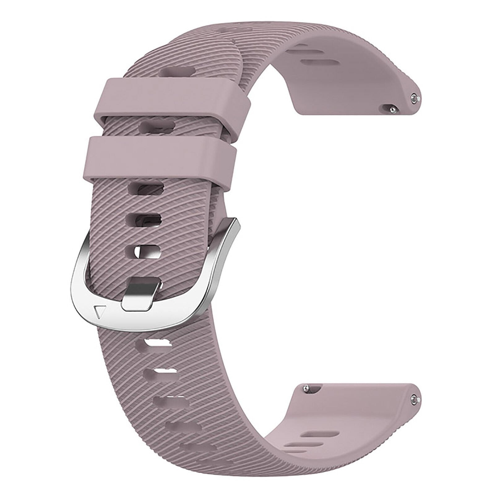 Ein lavendelfarbenes Uhrenarmband mit silberner Schnalle. Das Band hat eine strukturierte Oberfläche und ist gebogen.
