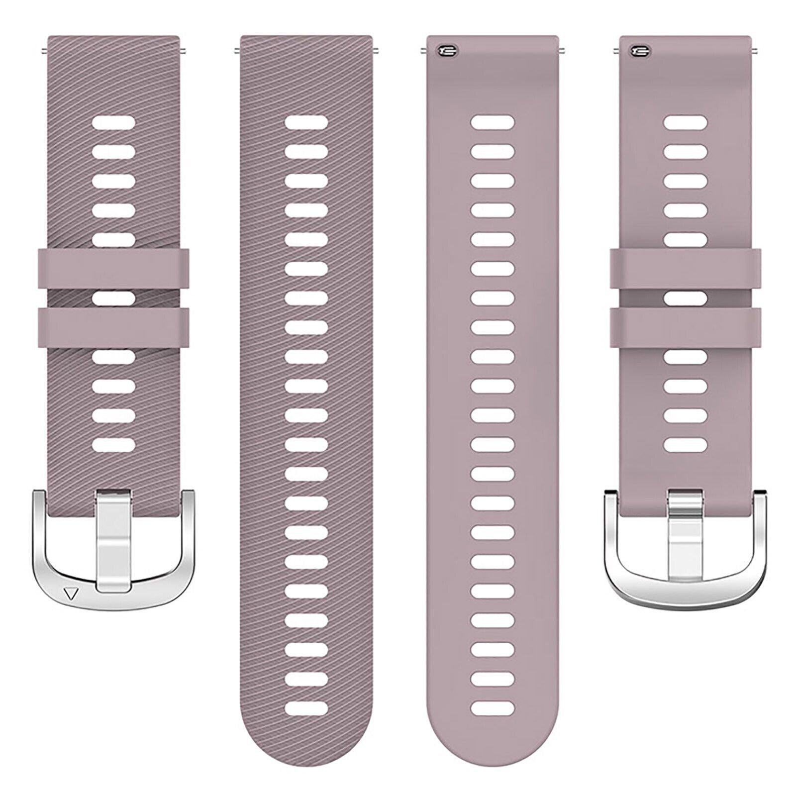Vier unterschiedlich lange Uhrenarmbänder. Sie sind malvenfarben mit silbernen Schnallen. Jedes hat ovale Aussparungen zur Einstellung.