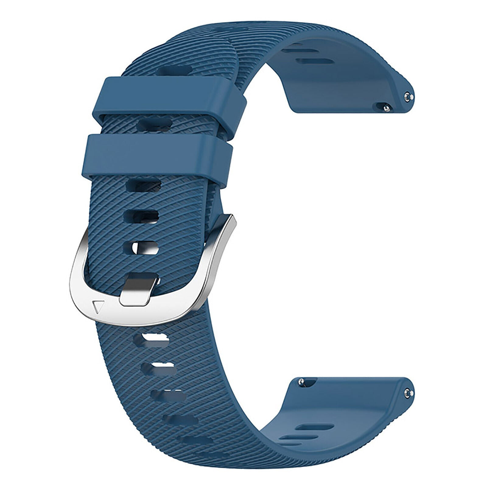 Blaues Uhrenarmband mit silberner Schnalle, strukturierter Oberfläche, geschwungenem Design. Es ist ein Uhrenarmband.
