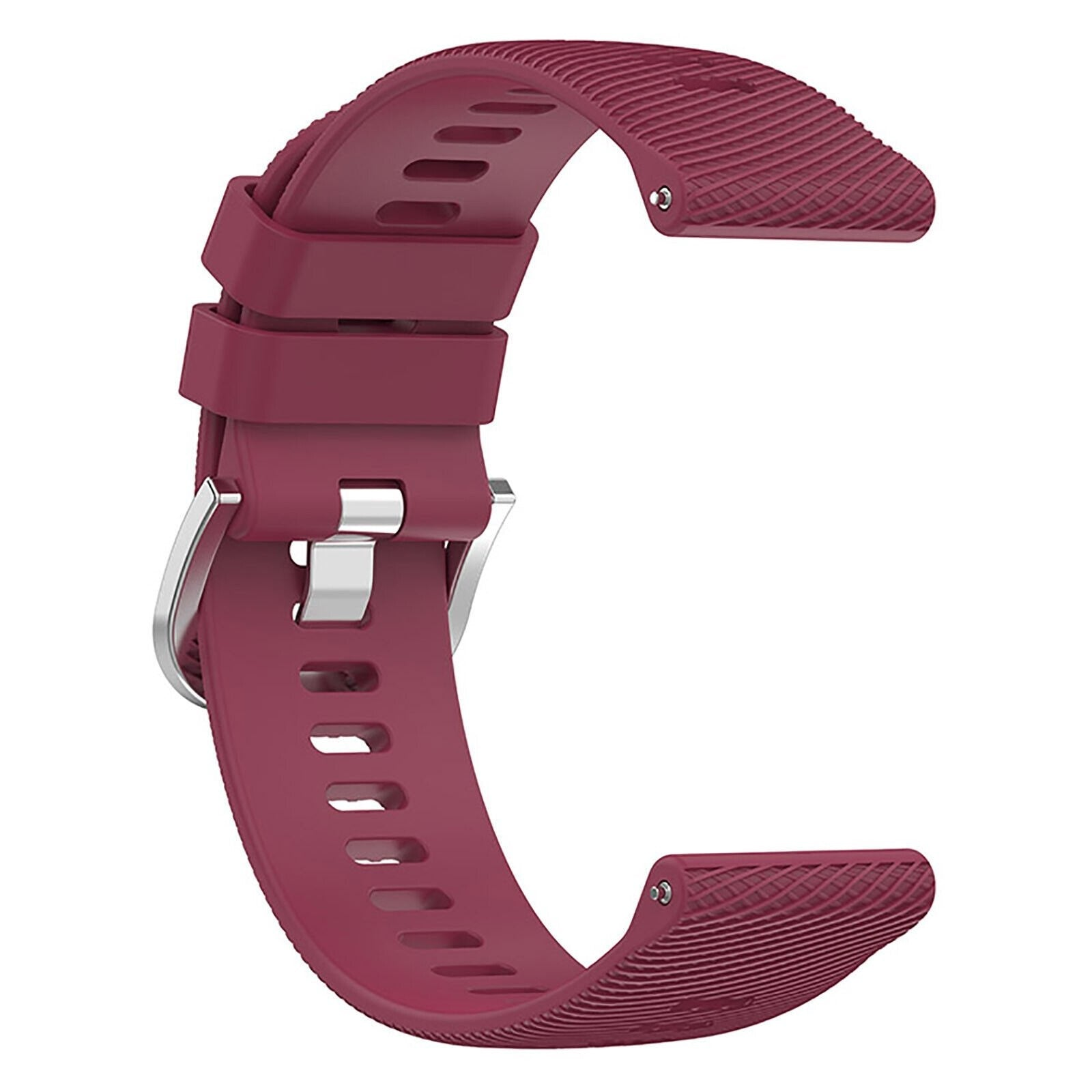 Ein burgunderfarbenes Uhrenarmband mit silberner Schnalle. Das Armband ist gebogen und zeigt die strukturierte Oberfläche und Löcher.