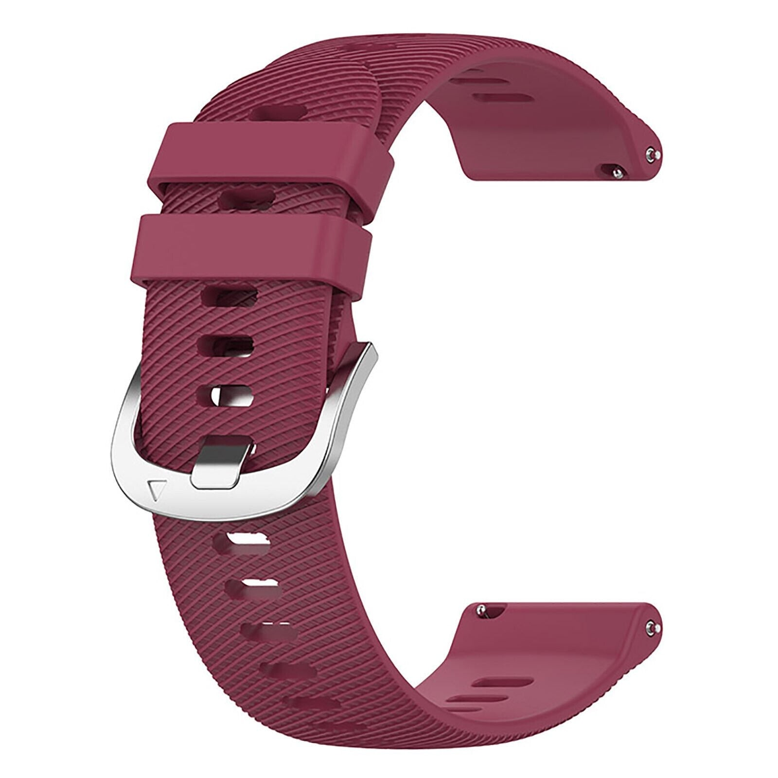 Ein weinrotes Uhrenarmband wird gezeigt. Es hat eine strukturierte Oberfläche, eine silberne Schnalle und ist C-förmig gebogen.