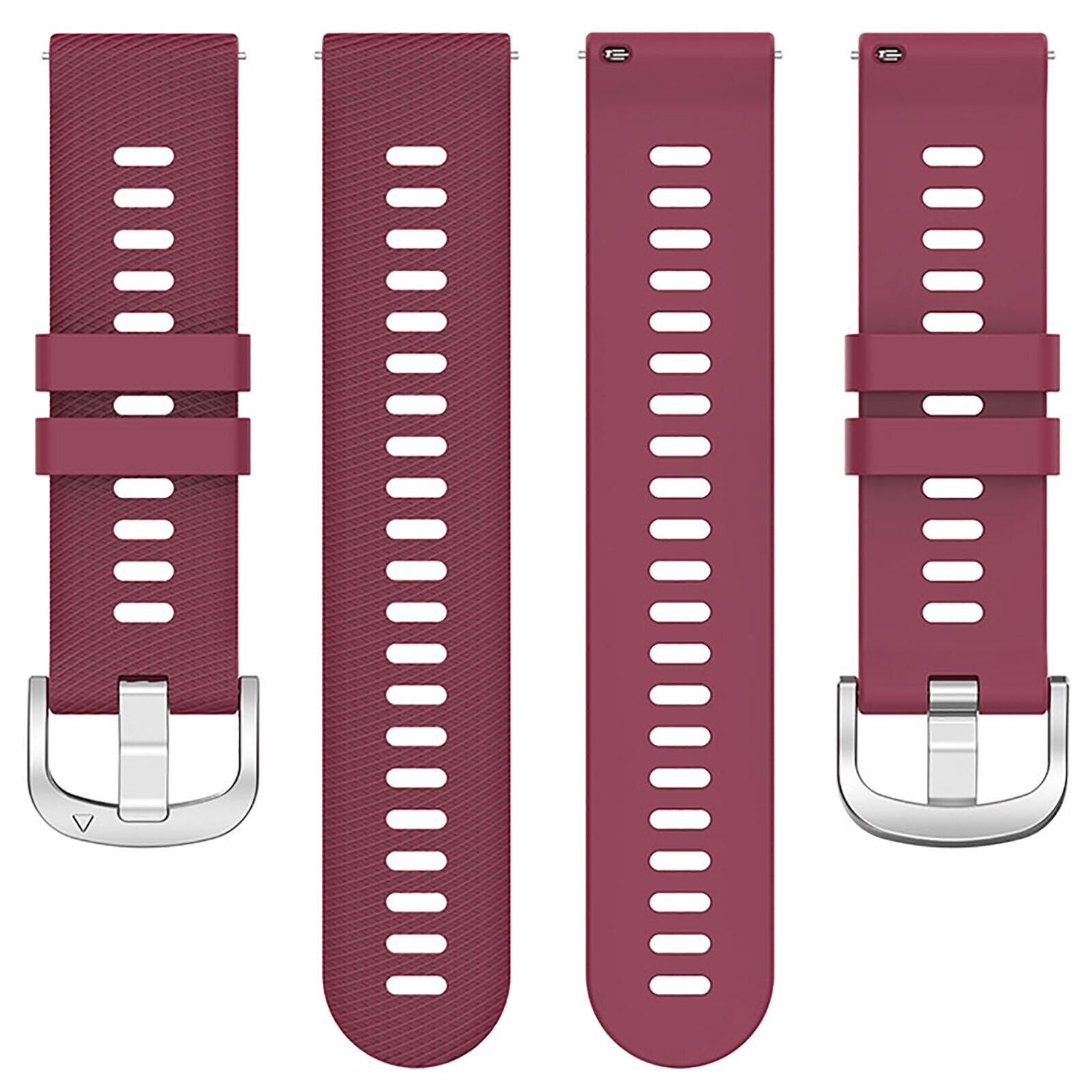 Vier weinrote Uhrenarmbänder. Jedes Armband hat Löcher und eine Schnalle. Zwei Armbänder haben silberne Schnallen.