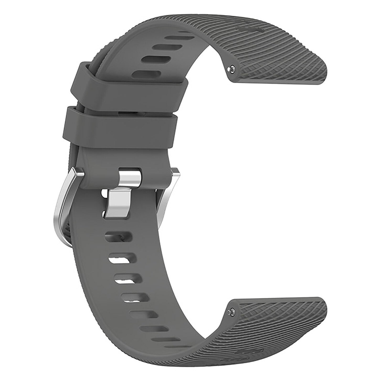 Ein graues Uhrenarmband hat die Form eines C. Es hat Löcher zur Verstellung und eine silberne Schnalle.