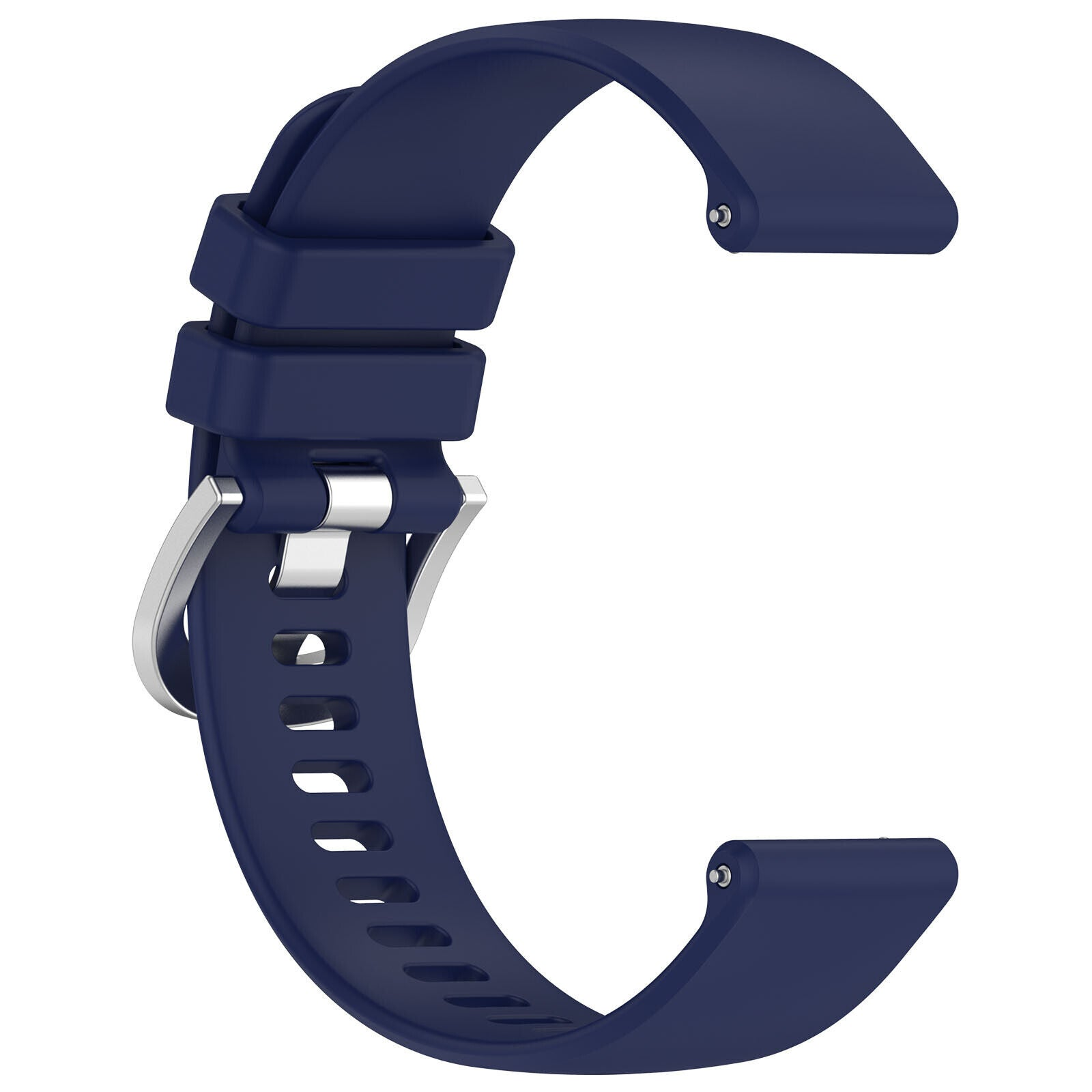 Ein marineblaues Uhrenarmband wird angezeigt. Es hat eine silberne Schnalle und mehrere Löcher zur Anpassung. Die Form ist gekrümmt.