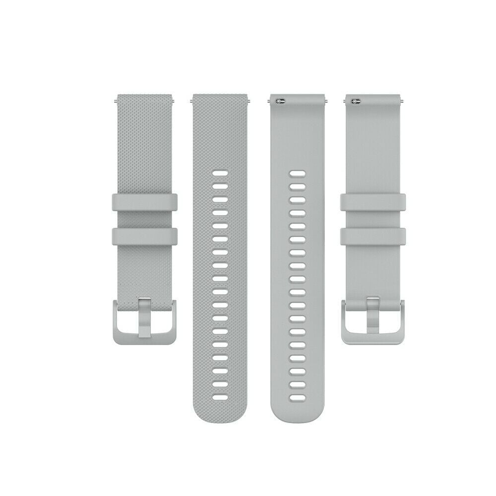 Drei graue Uhrenarmbänder vor weißem Hintergrund. Jeder Riemen hat eine Schnalle und mehrere Löcher zur Einstellung.