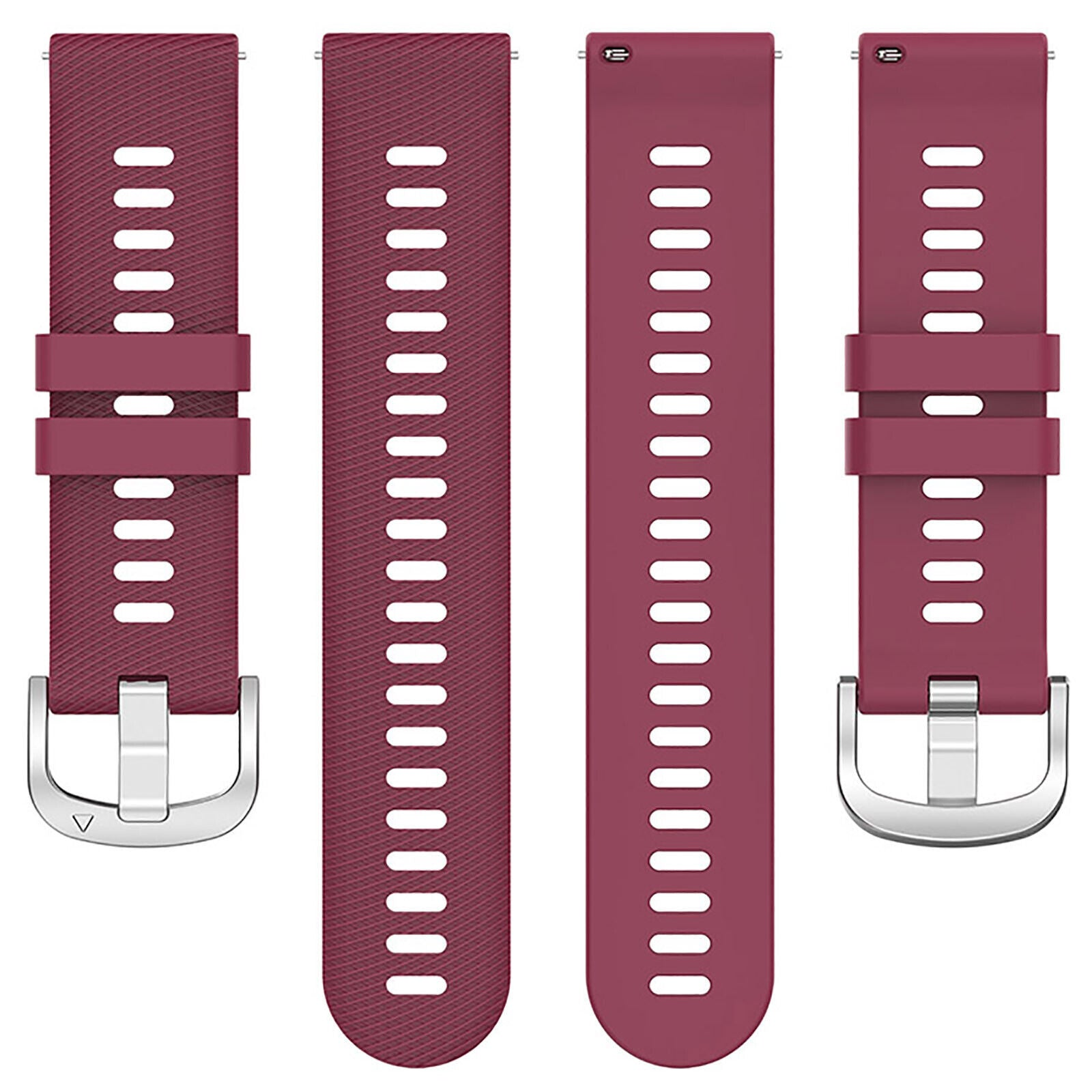 Vier weinrote Uhrenarmbänder mit weißen ovalen Löchern. Zwei haben silberne Schnallen.