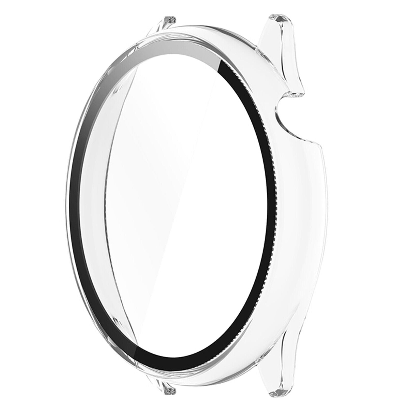 Eine transparente Schutzhülle für eine runde Uhr. Sie hat einen schwarzen Innenring und transparente Ränder auf weißem Hintergrund.
