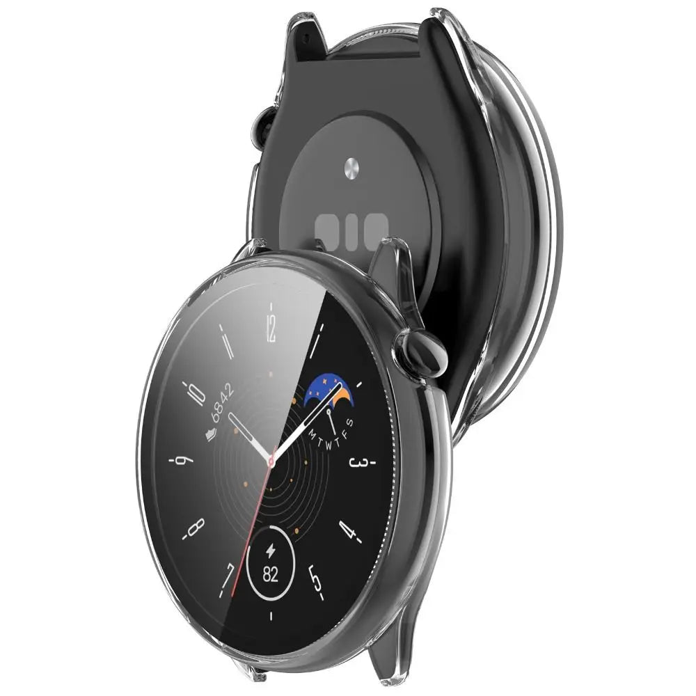 Eine schwarze Smartwatch mit transparentem Gehäuse. Das Zifferblatt zeigt Uhrzeit, Datum und Akkustand an. Das Gehäuse ist transparent.