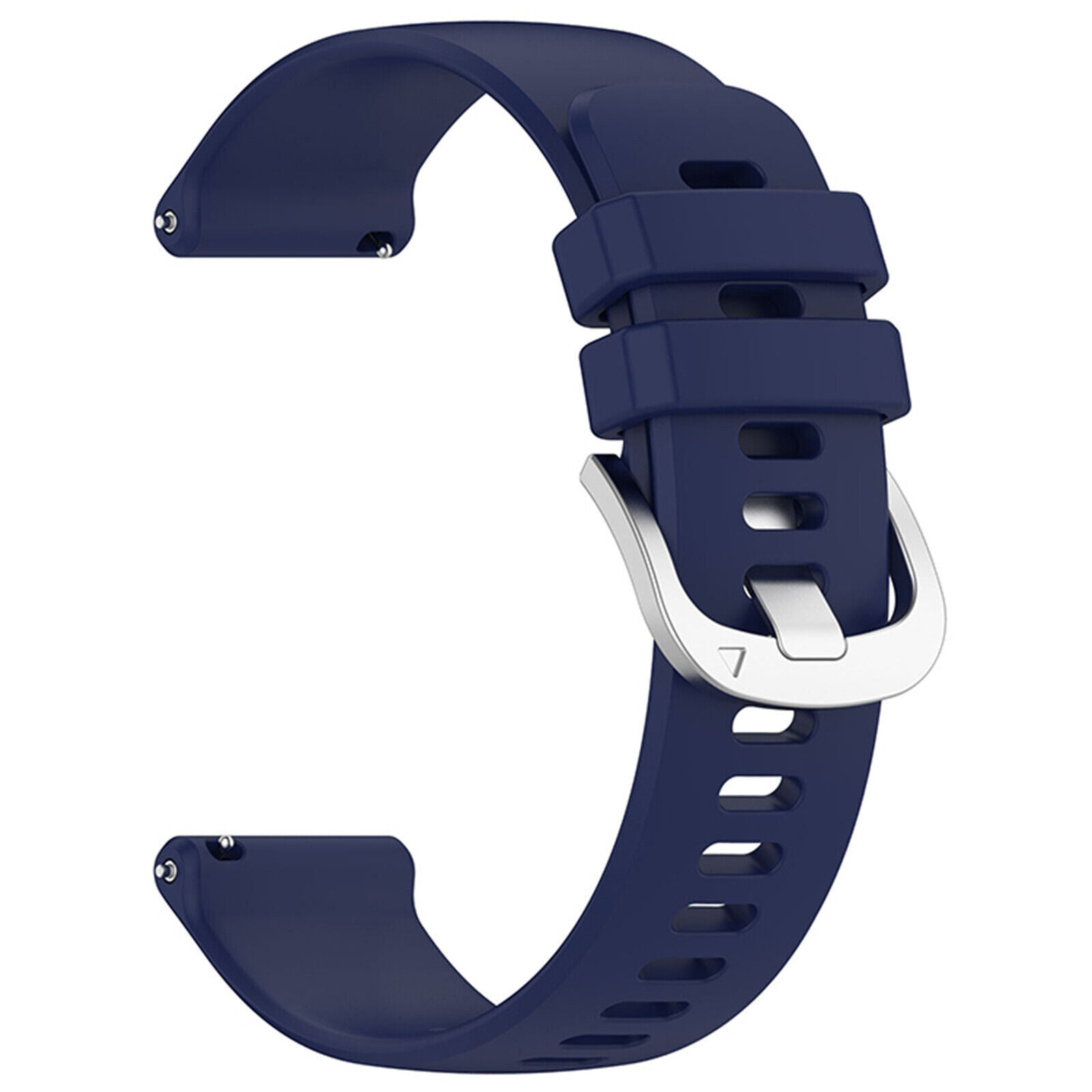 Dunkelblaues Uhrenarmband mit silberner Schnalle. Das Armband hat Löcher. Die Schnalle hat die Zahl 7.