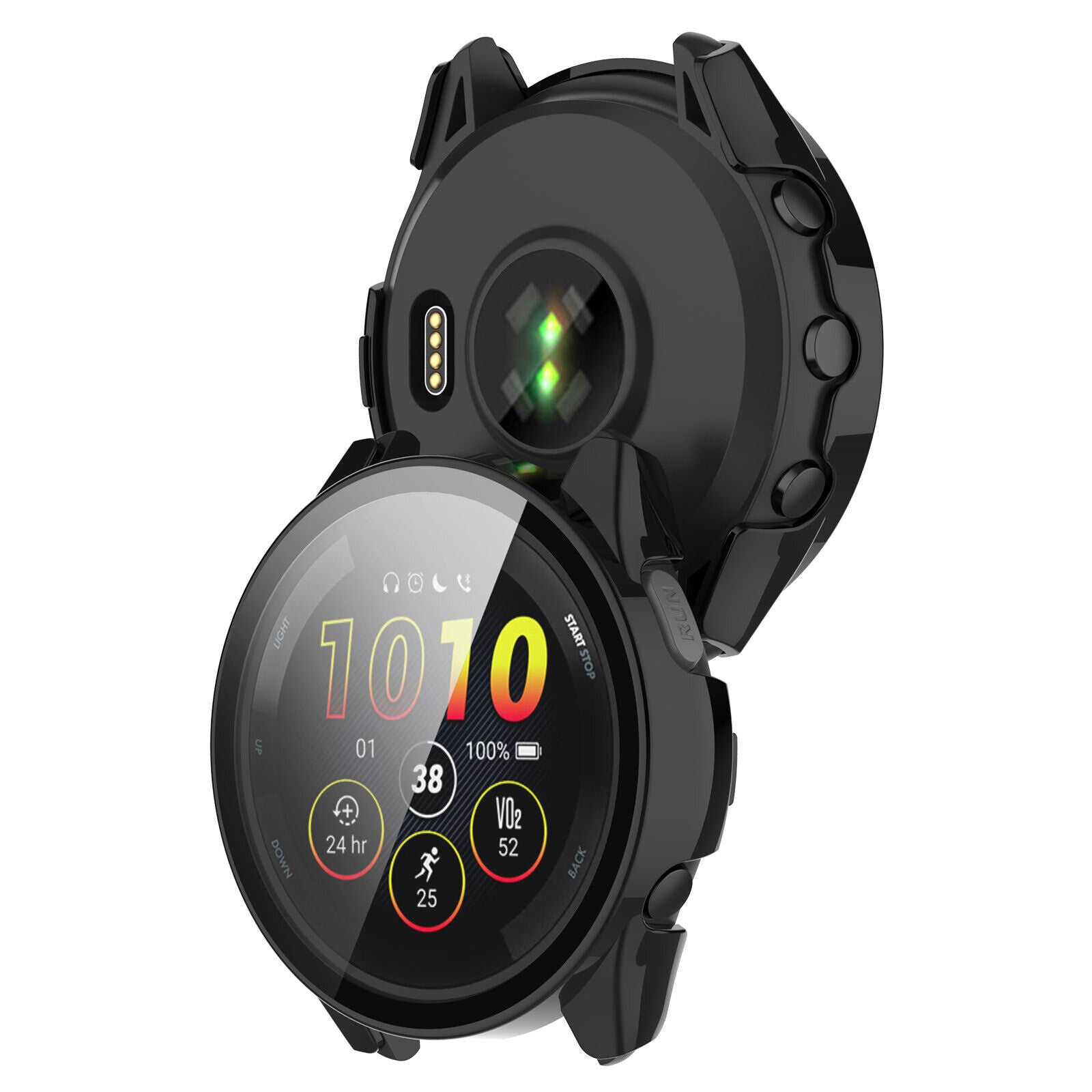 Schwarze Smartwatch mit rundem Display. Zeigt Zeit, Akku und andere Metriken an.